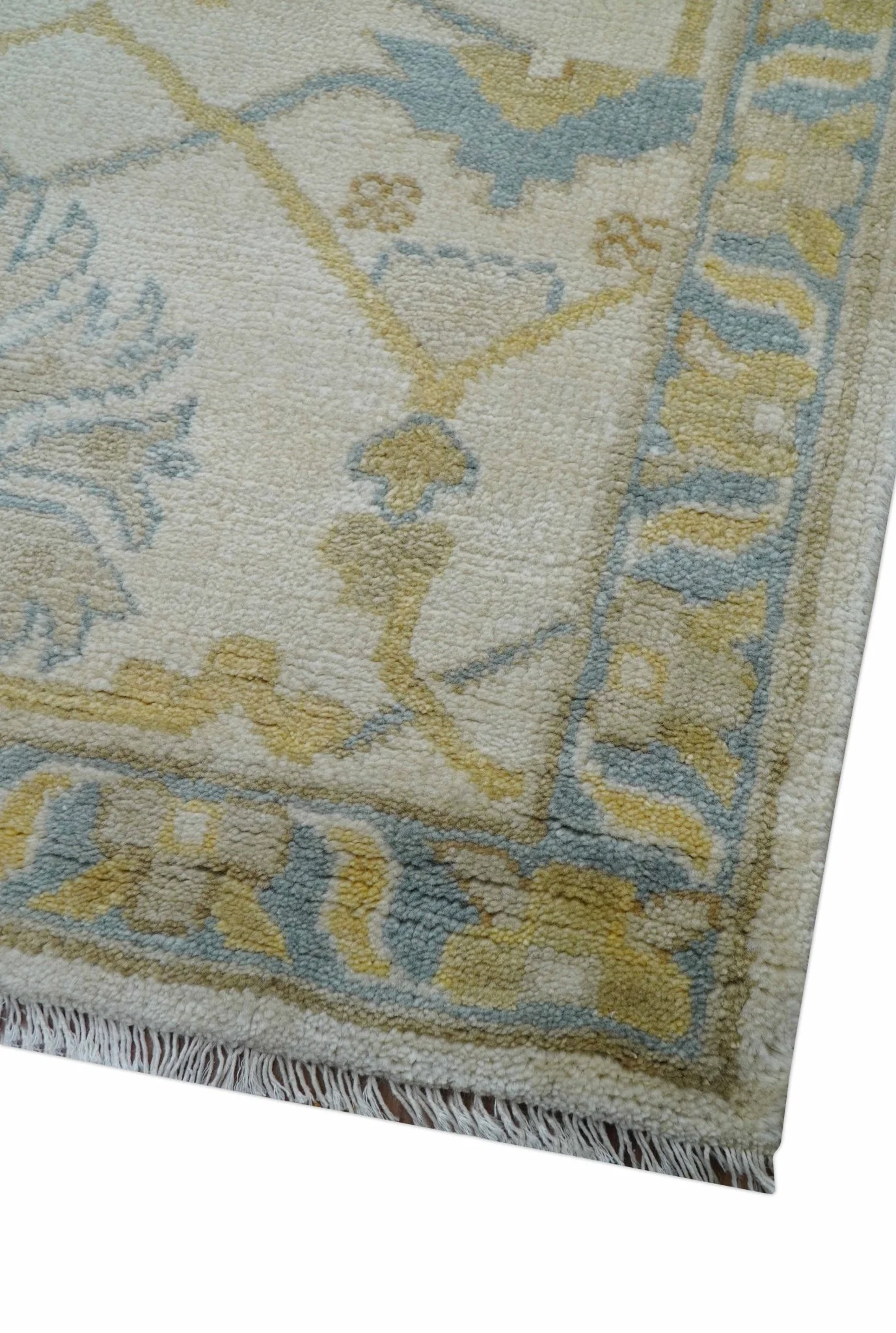 Custom Made Traditional Oushak Beige And Blue Hand Knotted Wool Rug - Image 6