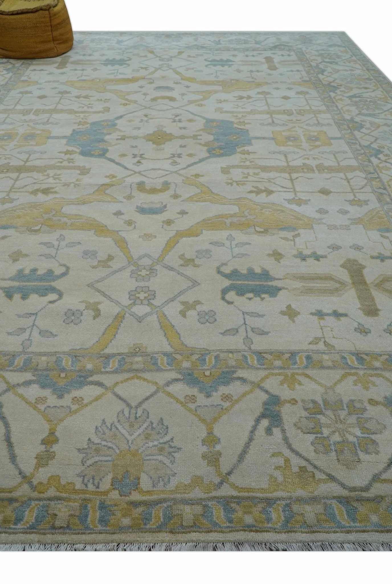 Custom Made Traditional Oushak Beige And Blue Hand Knotted Wool Rug - Image 7