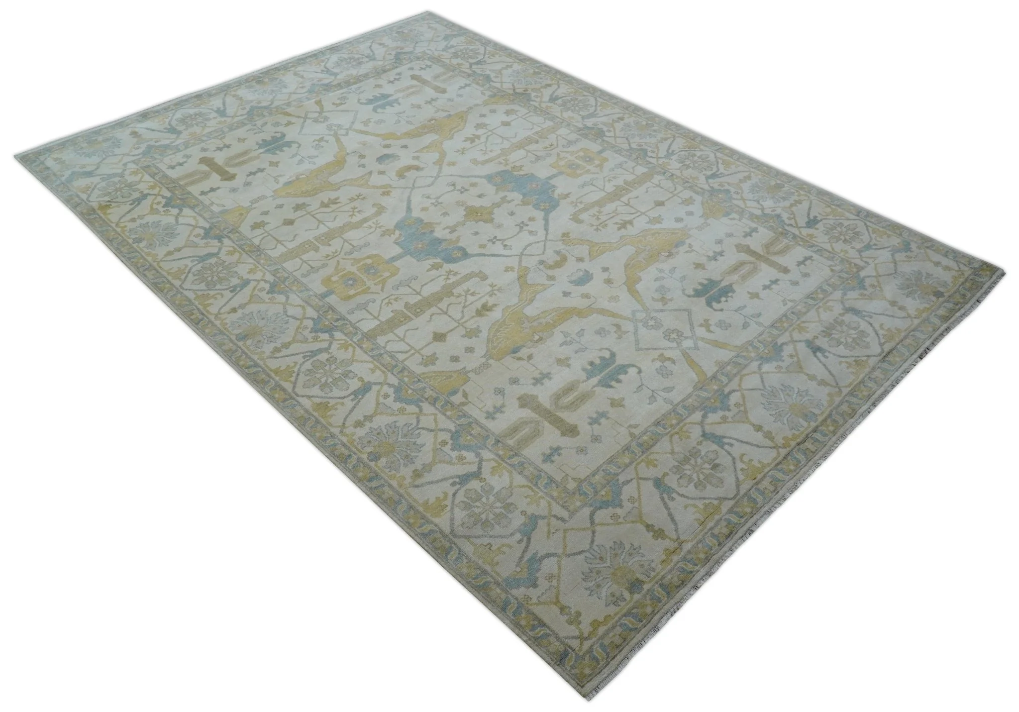 Custom Made Traditional Oushak Beige And Blue Hand Knotted Wool Rug - Image 9