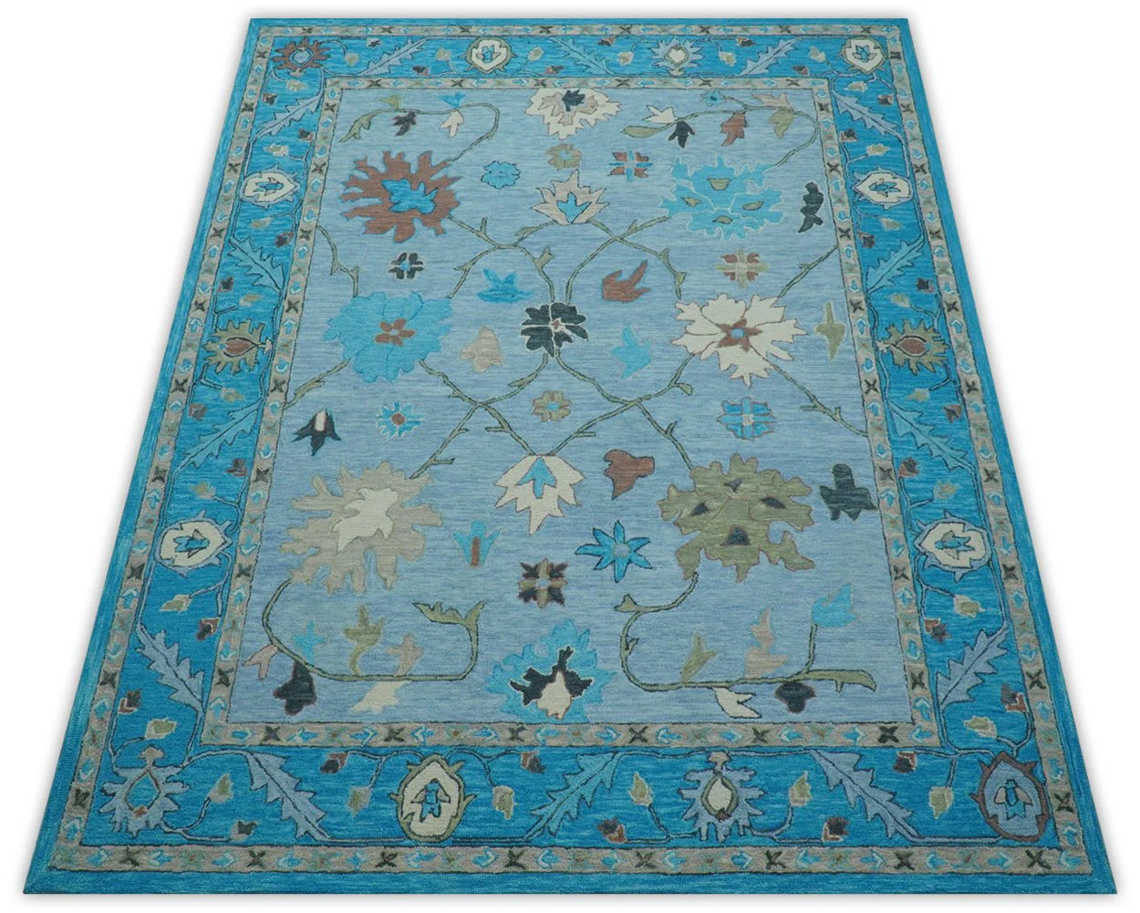 Custom Made Traditional Oushak Blue And Beige Hand Tufted Wool Area Rug - Image 10