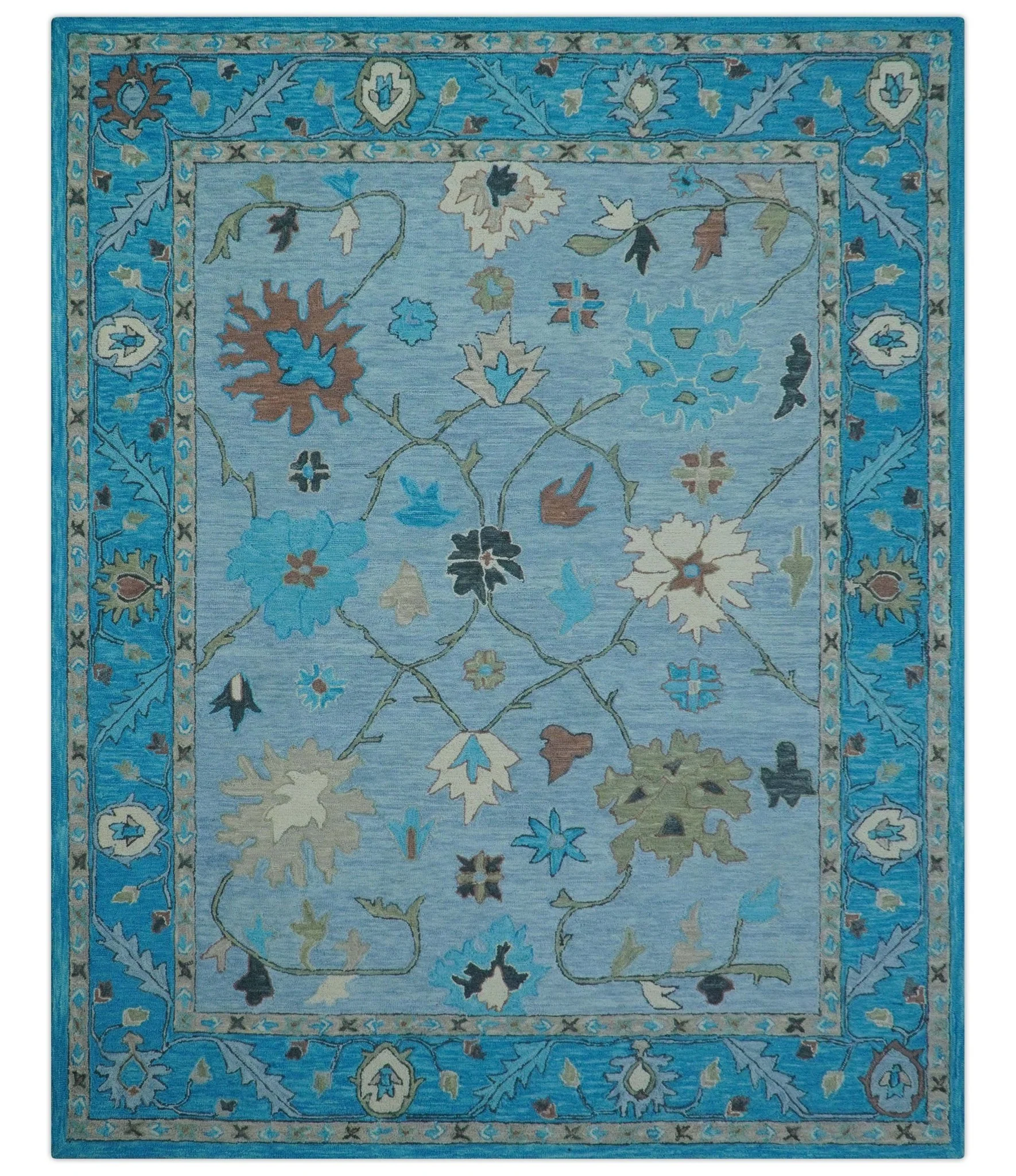 Custom Made Traditional Oushak Blue And Beige Hand Tufted Wool Area Rug - Image 2
