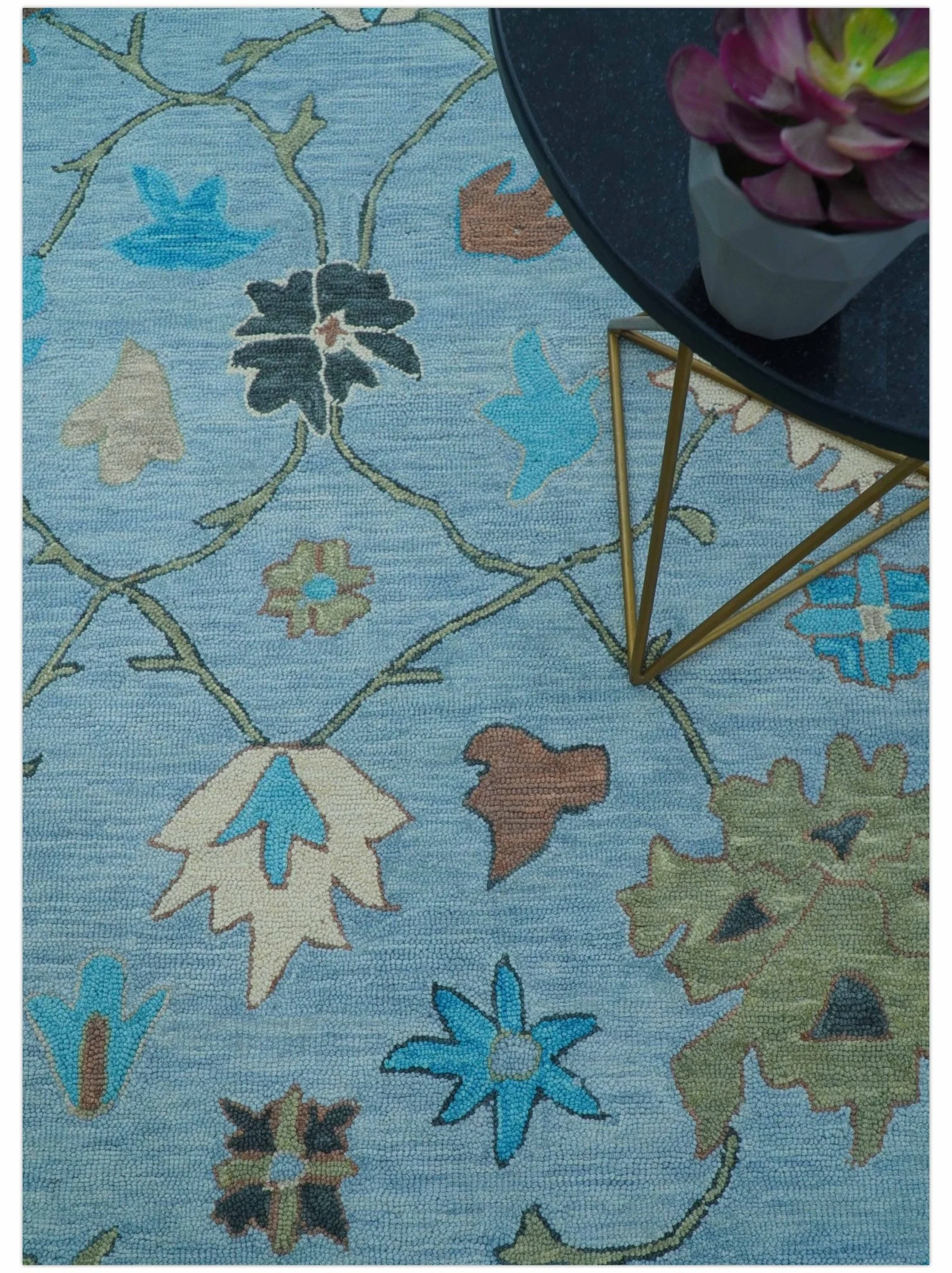 Custom Made Traditional Oushak Blue And Beige Hand Tufted Wool Area Rug - Image 3