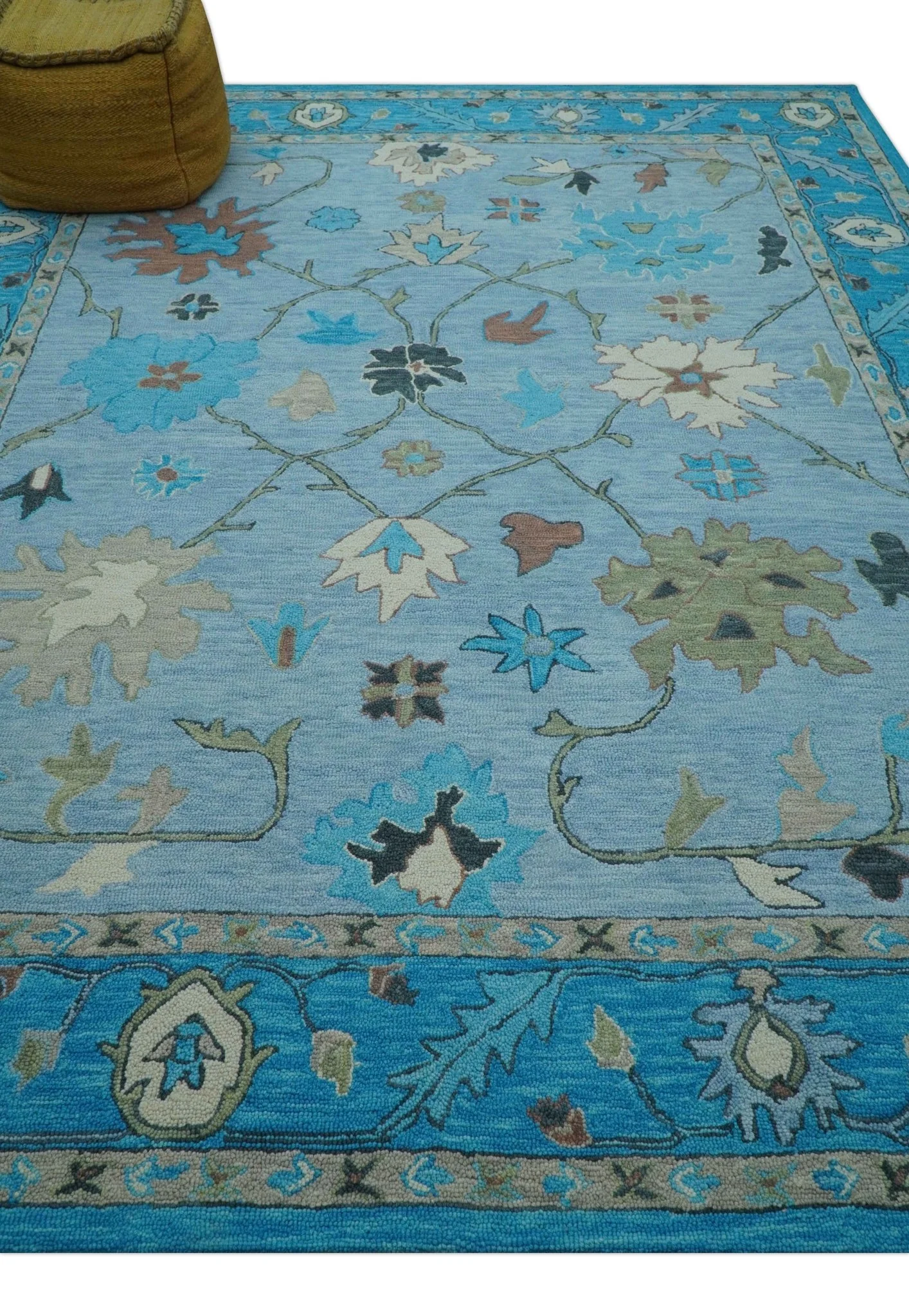 Custom Made Traditional Oushak Blue And Beige Hand Tufted Wool Area Rug - Image 4