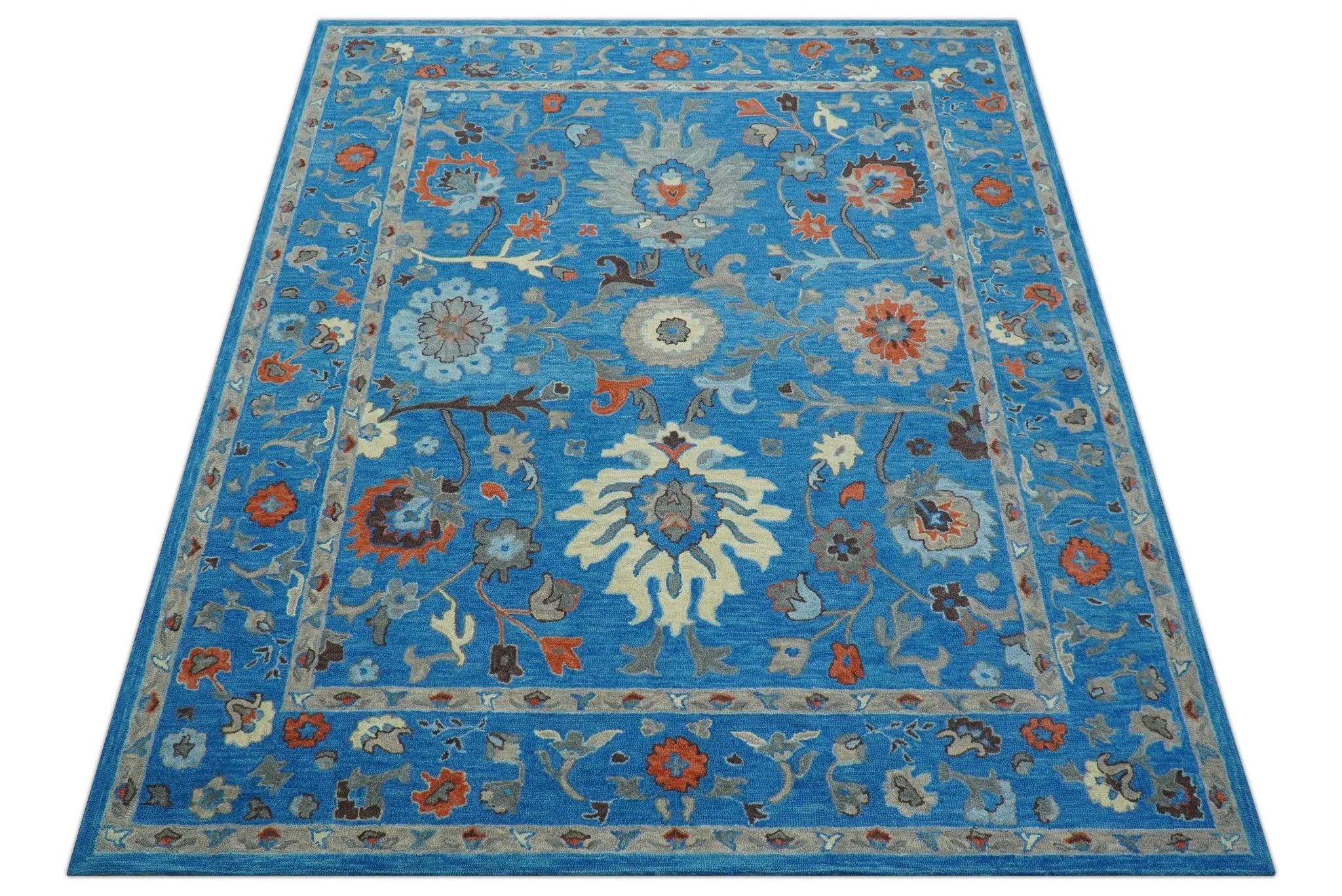 Custom Made Traditional Oushak Blue And Beige Hand Tufted Wool Rug - Image 11