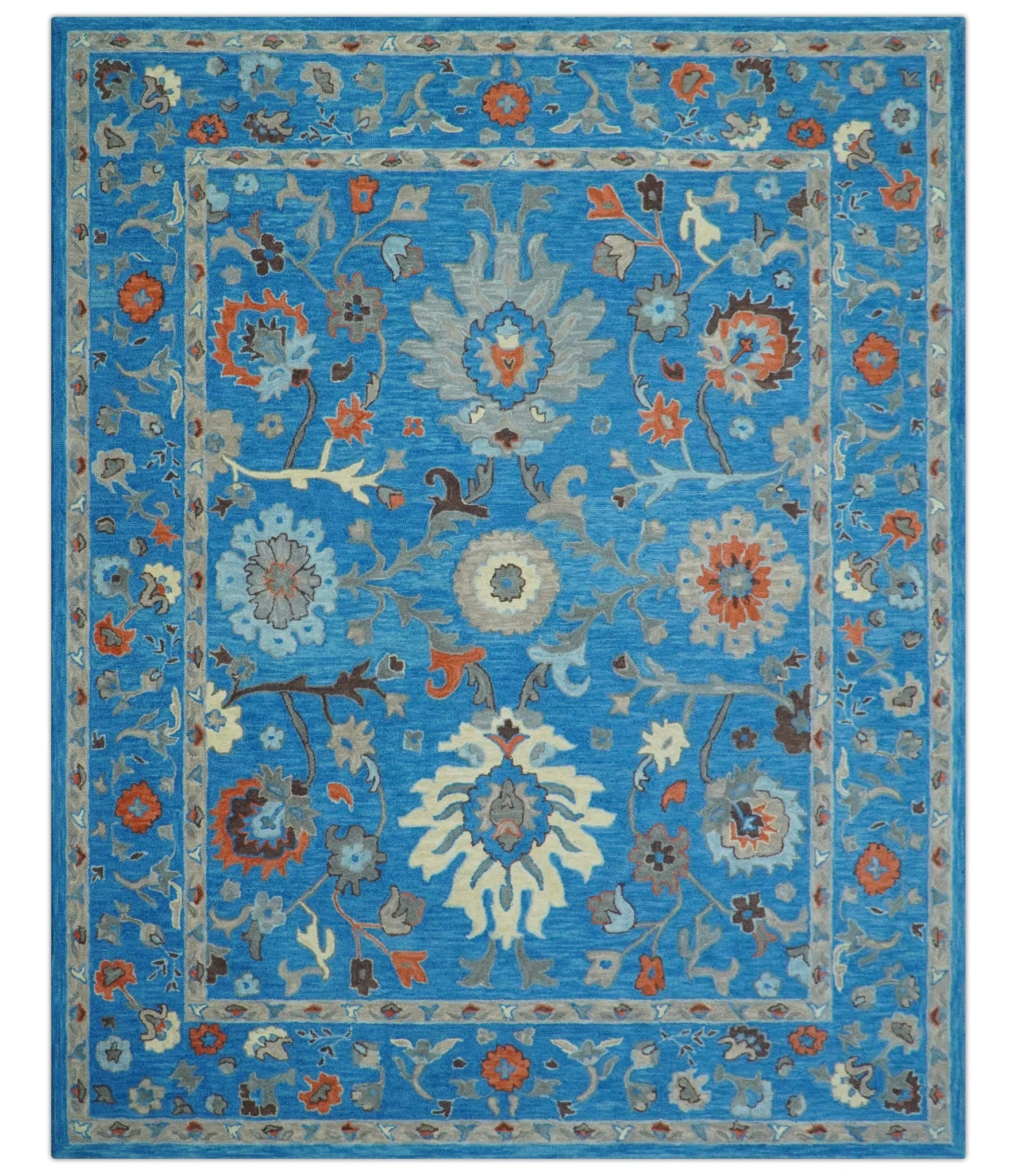Custom Made Traditional Oushak Blue And Beige Hand Tufted Wool Rug - Image 2