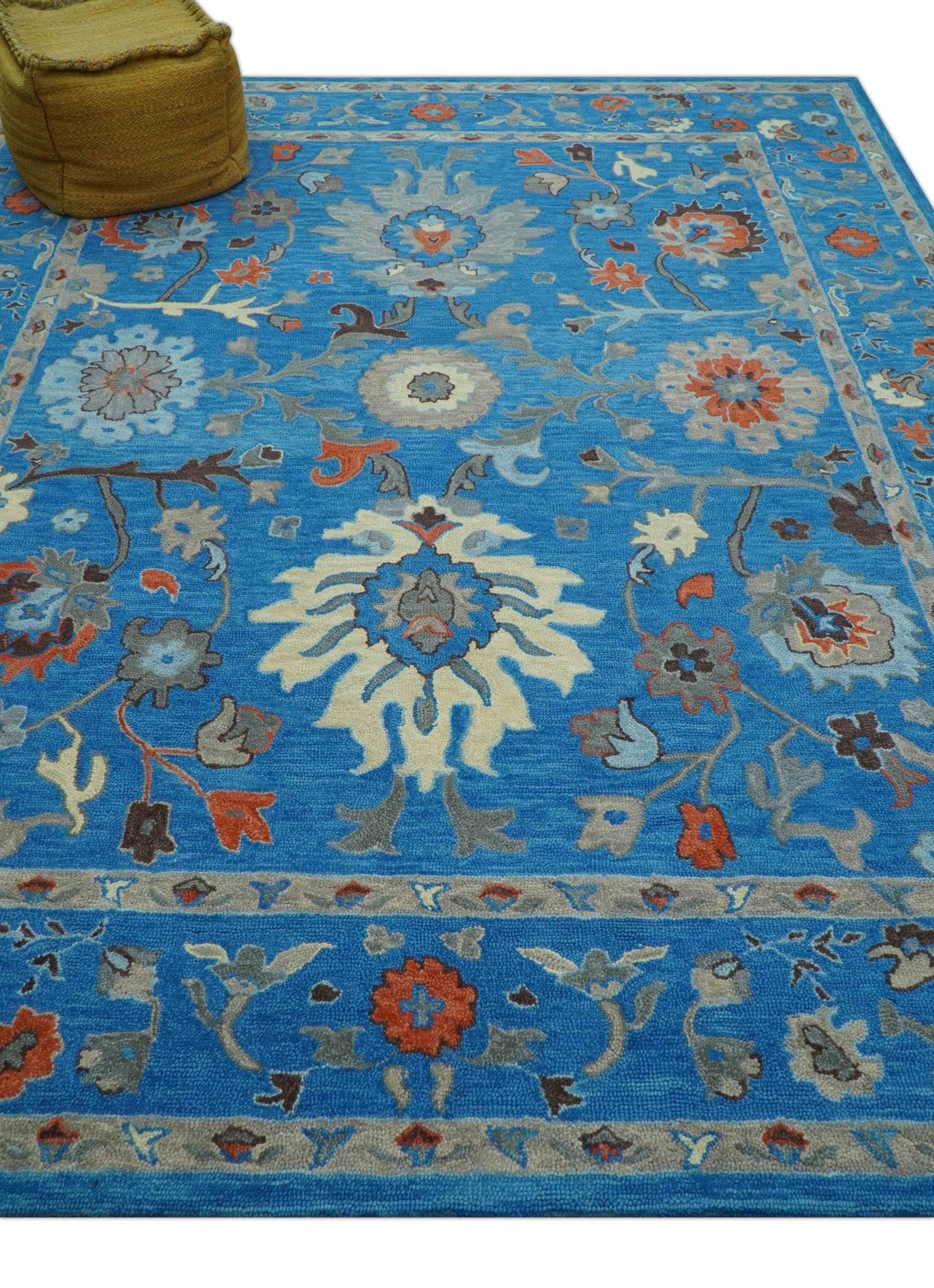 Custom Made Traditional Oushak Blue And Beige Hand Tufted Wool Rug - Image 3