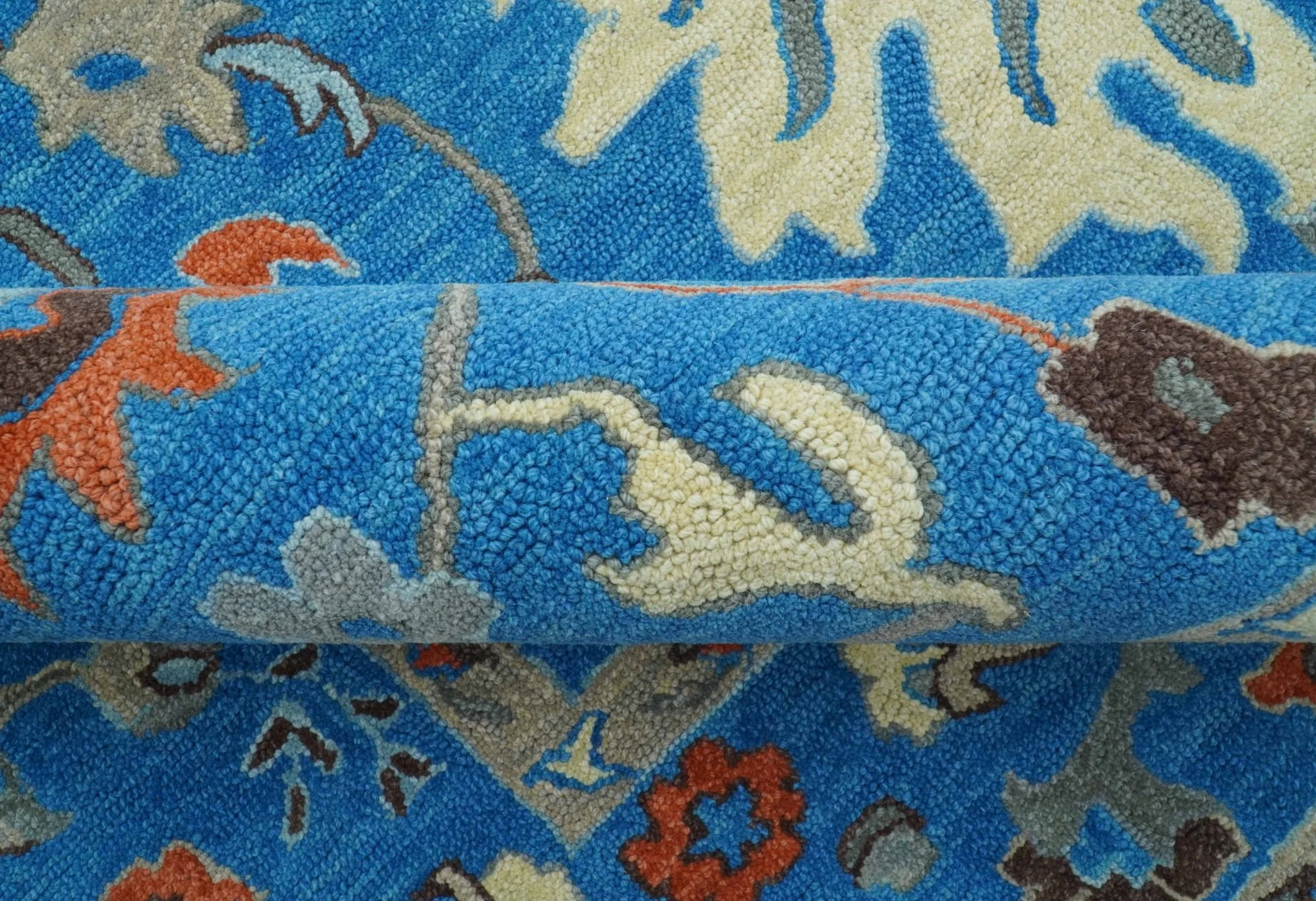 Custom Made Traditional Oushak Blue And Beige Hand Tufted Wool Rug - Image 6