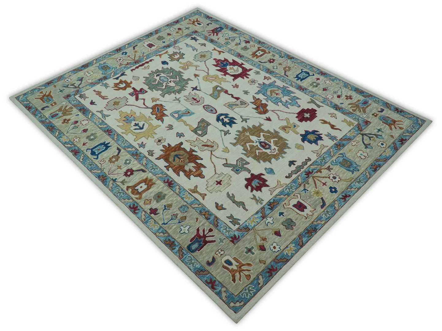 Custom Made Traditional Oushak Blue And Beige Hand Tufted Wool Rug - Image 10