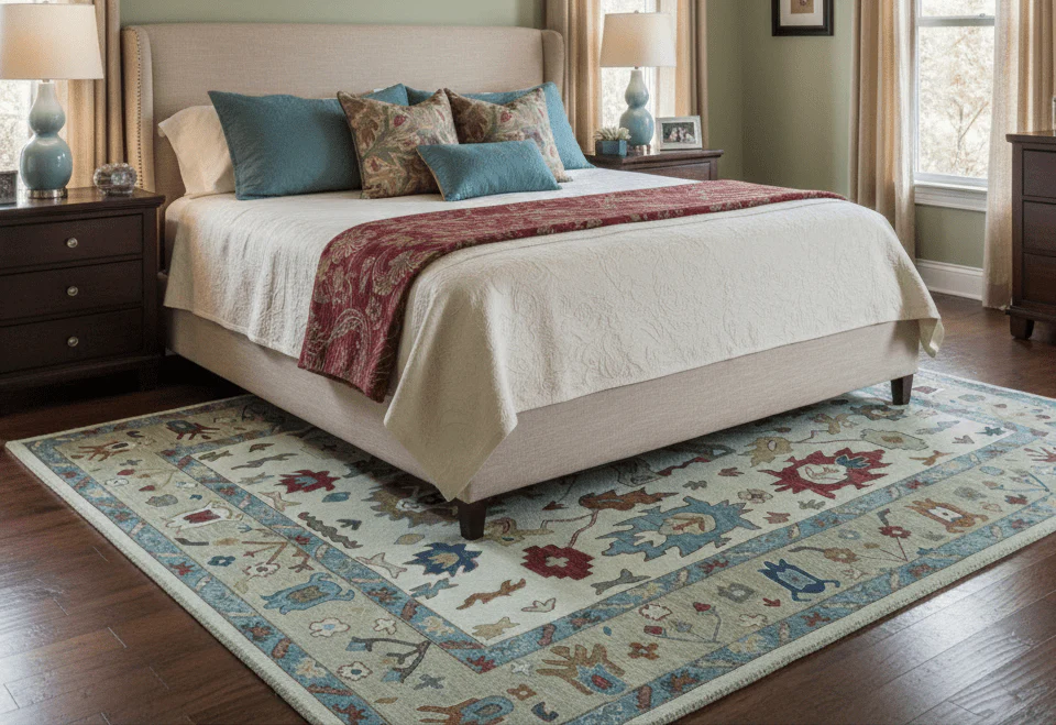 Custom Made Traditional Oushak Blue And Beige Hand Tufted Wool Rug - Image 2