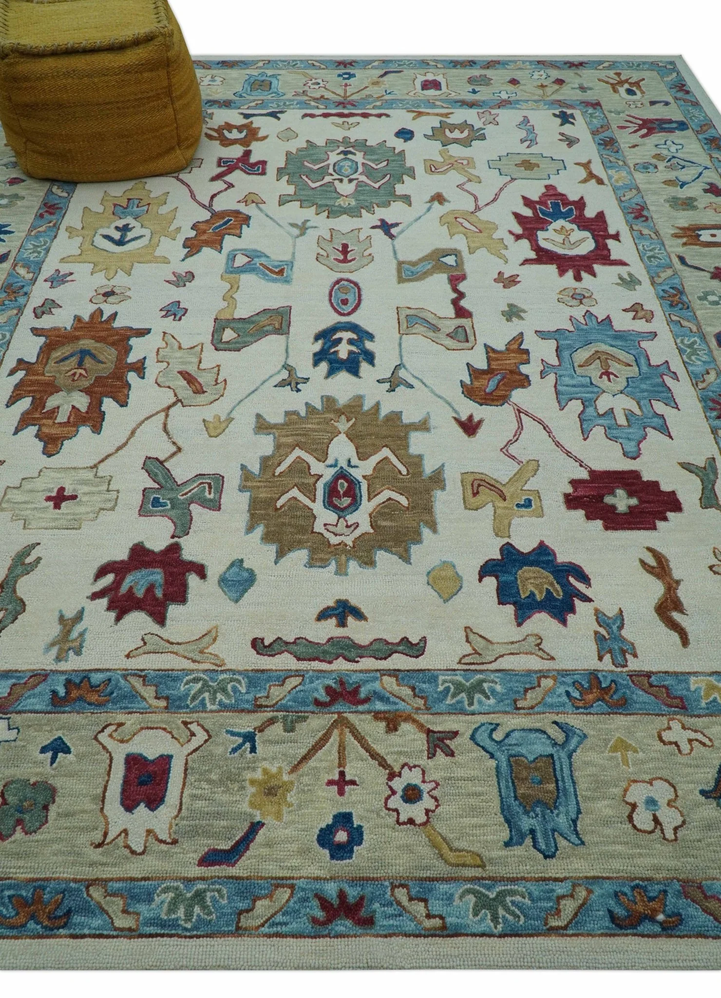 Custom Made Traditional Oushak Blue And Beige Hand Tufted Wool Rug - Image 3