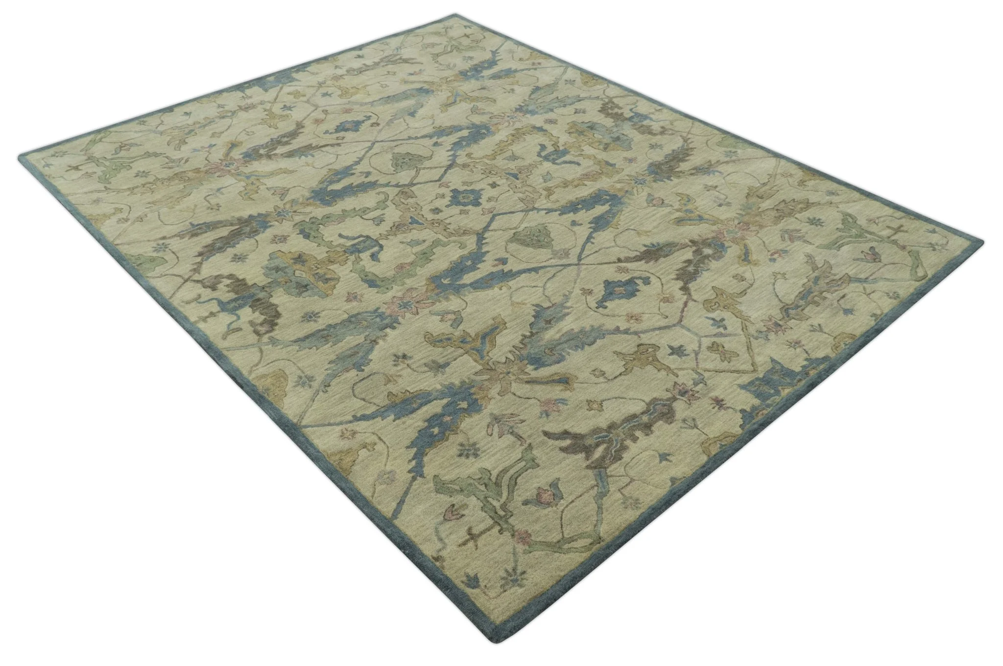 Custom Made Traditional Oushak Design Beige And Blue Hand Tufted Wool Area Rug - Image 10
