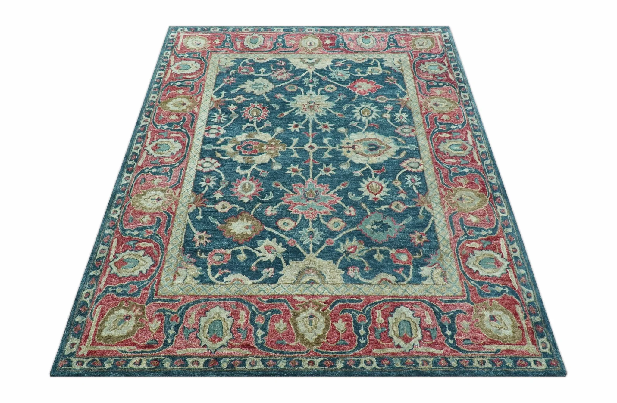 Custom Made Traditional Oushak Design Teal Hand Tufted Wool  Rug - Image 10