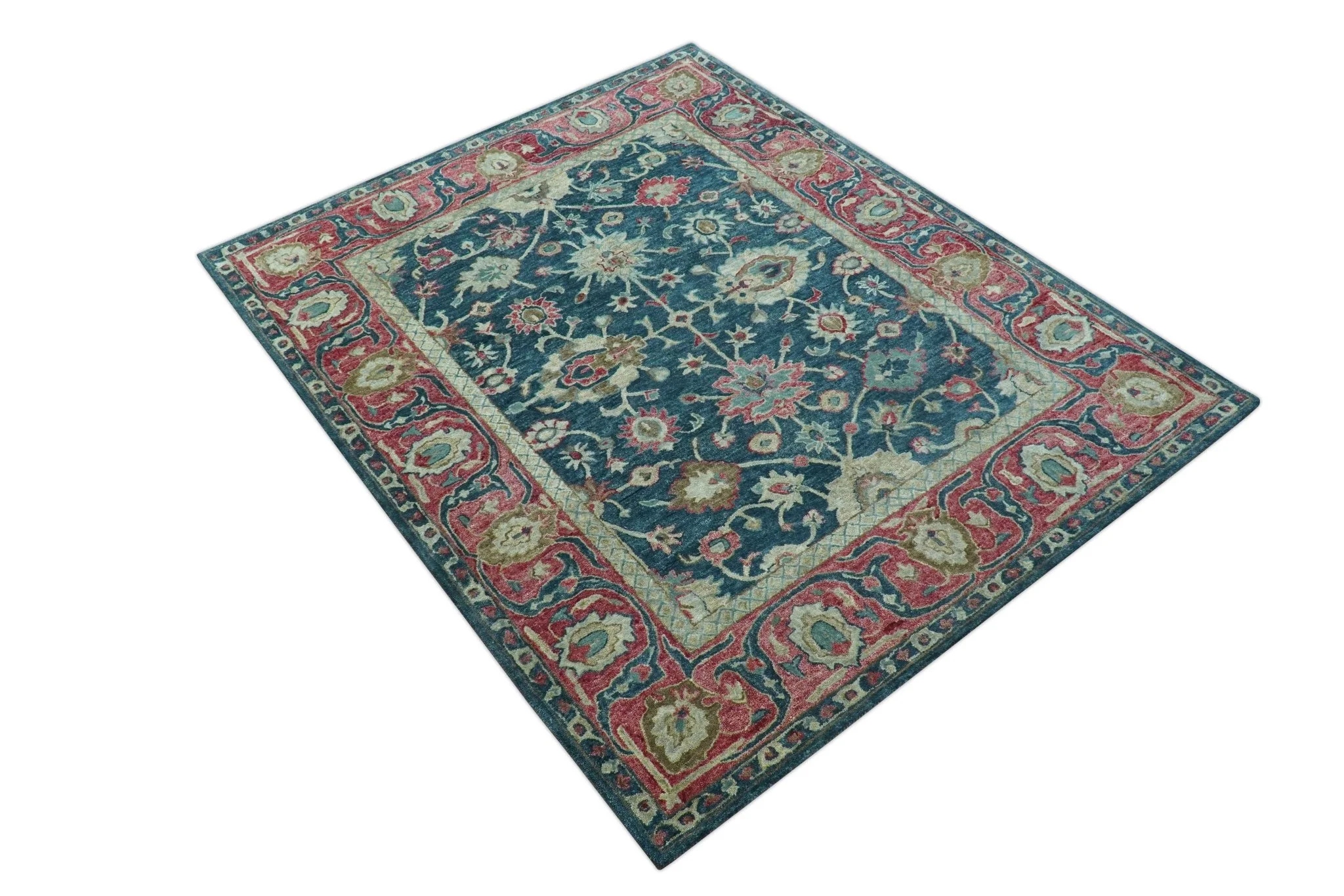 Custom Made Traditional Oushak Design Teal Hand Tufted Wool  Rug - Image 11