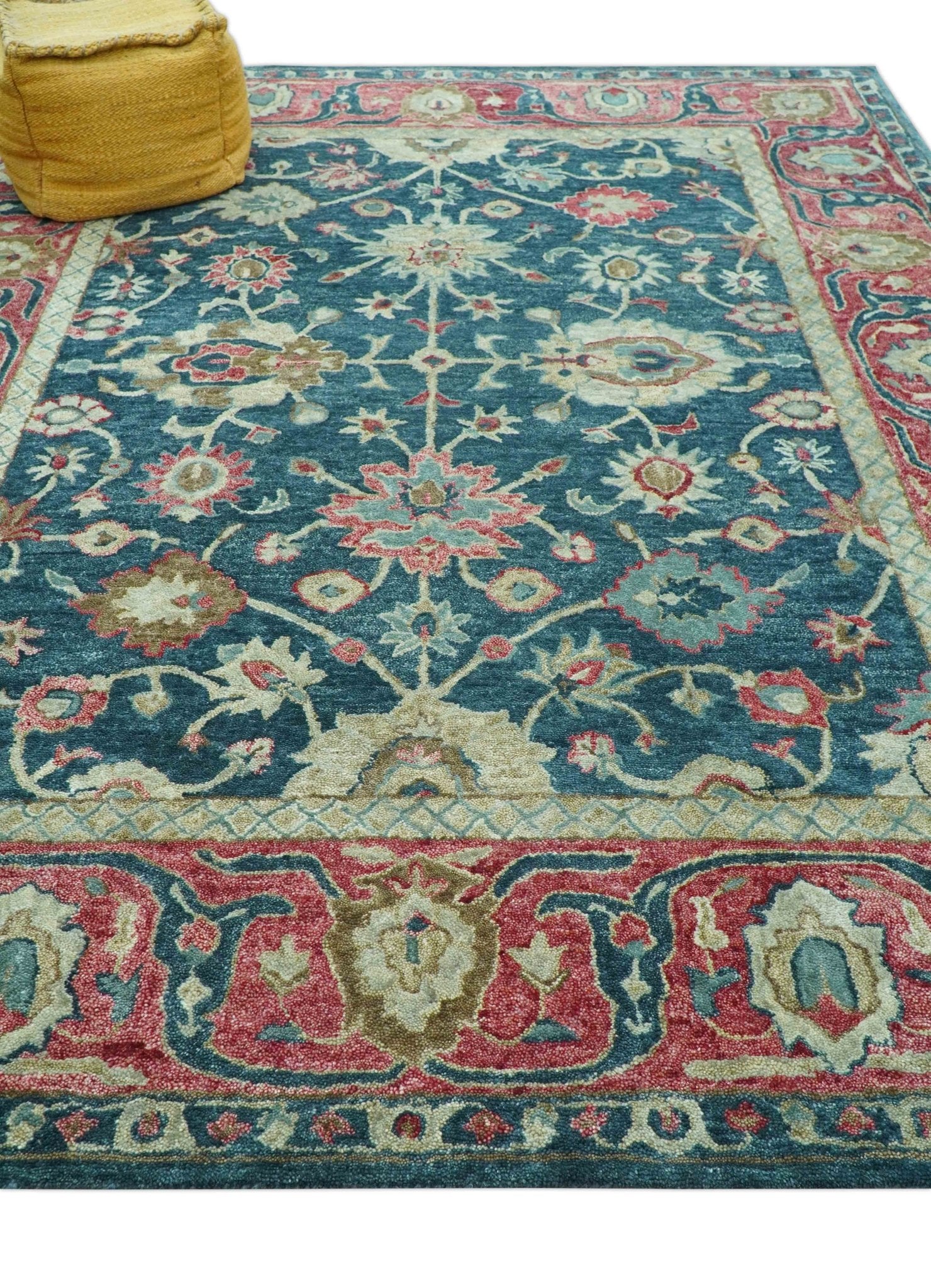 Custom Made Traditional Oushak Design Teal Hand Tufted Wool  Rug - Image 3