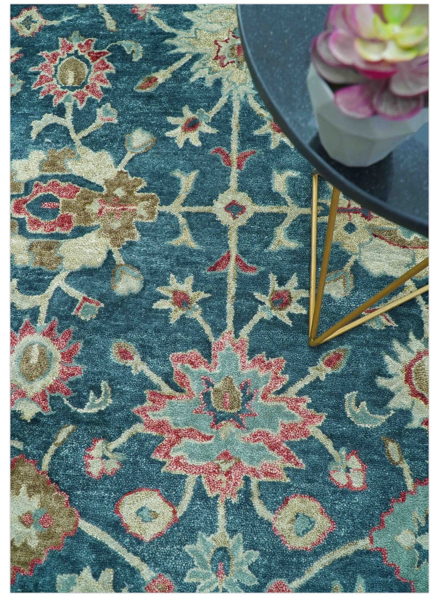 Custom Made Traditional Oushak Design Teal Hand Tufted Wool  Rug - Image 4