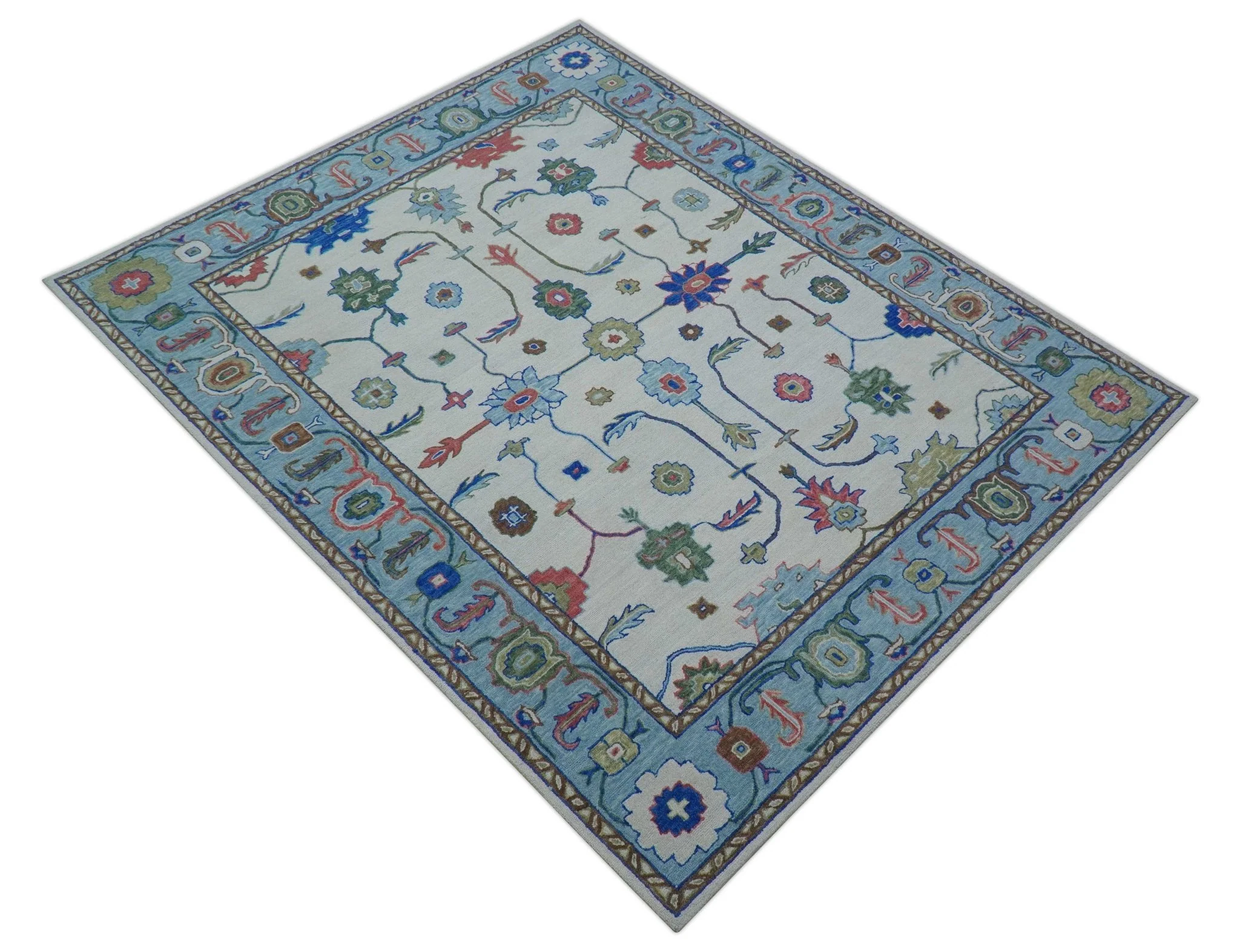 Custom Made Modern Oushak Ivory And Blue Hand Tufted Wool Area Rug - Image 10