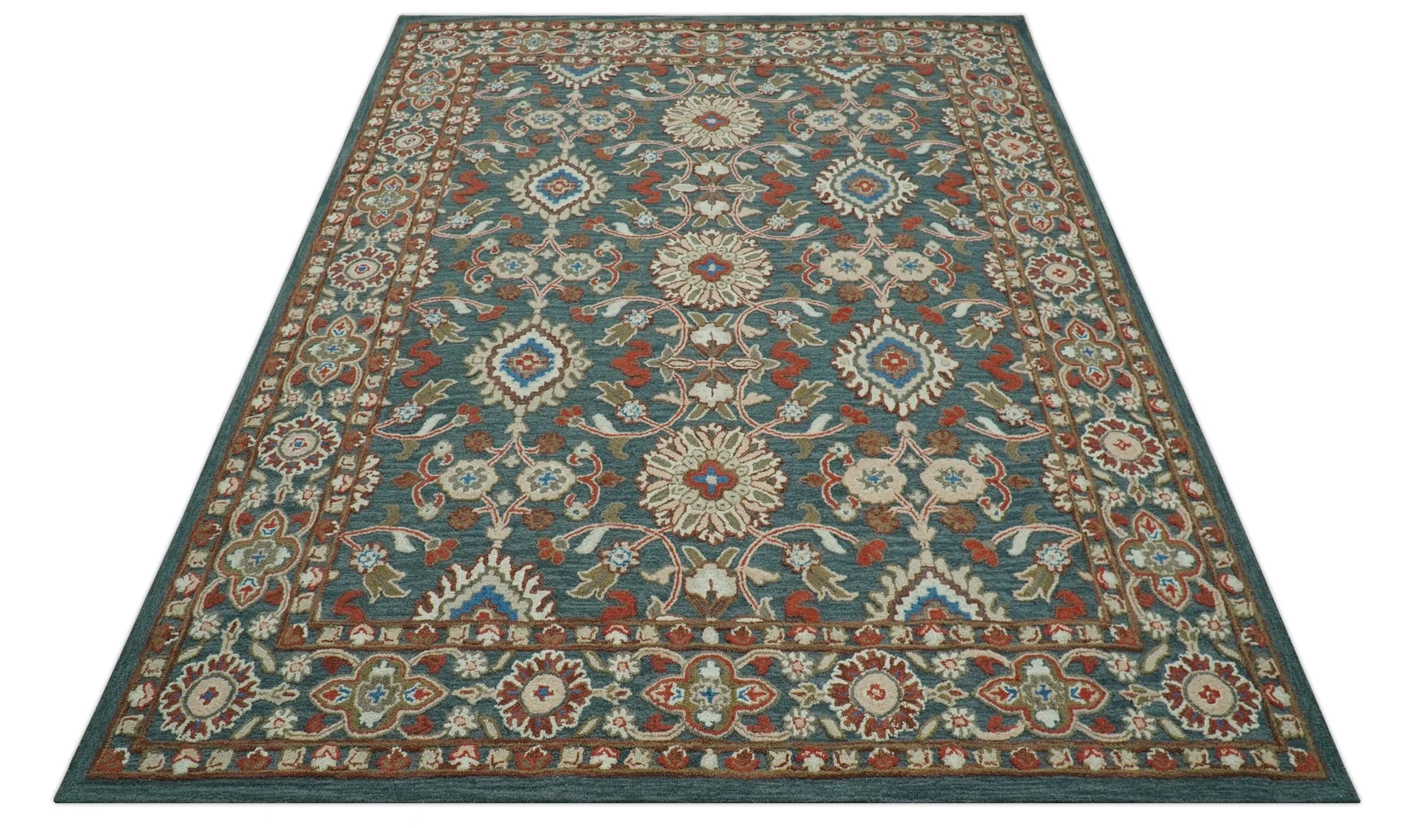 Custom Made Traditional Persian Design Silver, Blue And Rust Hand Tufted Wool Area Rug - Image 10