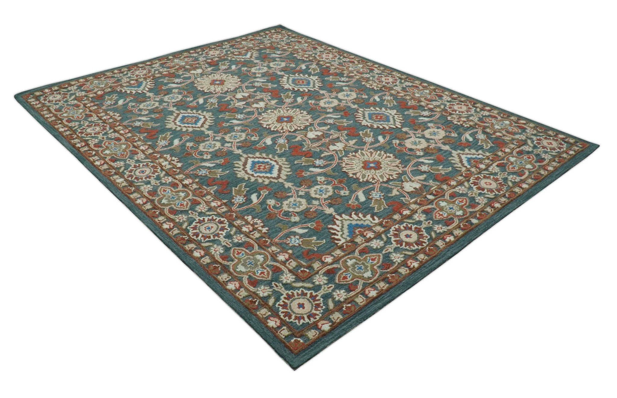 Custom Made Traditional Persian Design Silver, Blue And Rust Hand Tufted Wool Area Rug - Image 11