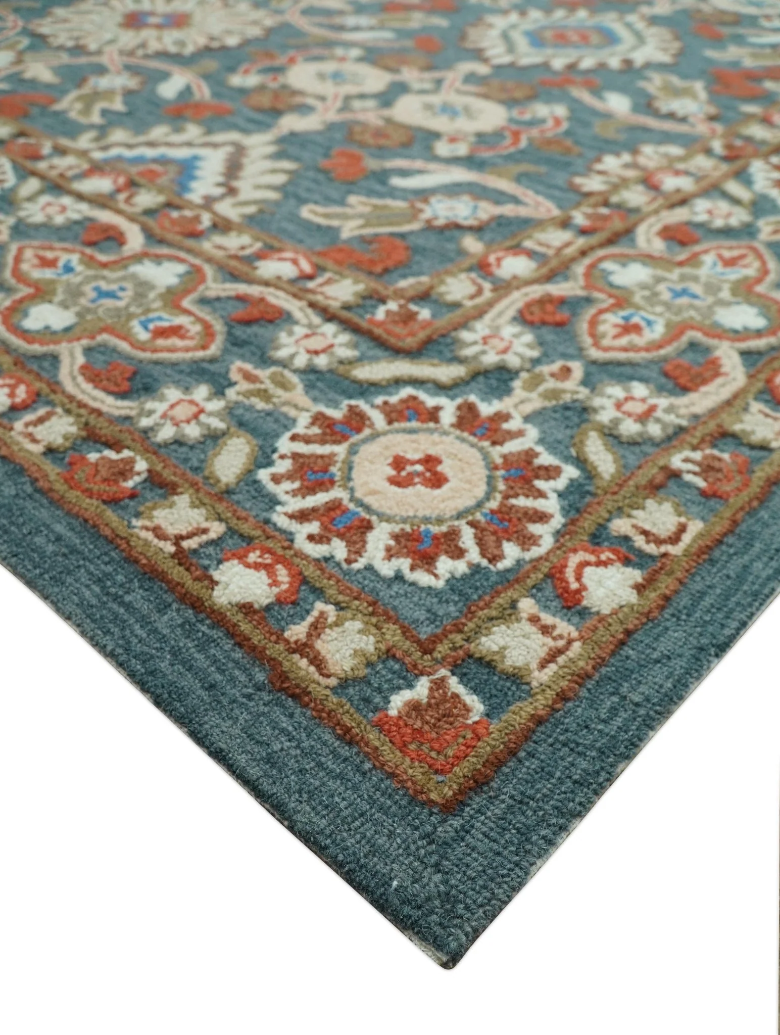 Custom Made Traditional Persian Design Silver, Blue And Rust Hand Tufted Wool Area Rug - Image 3