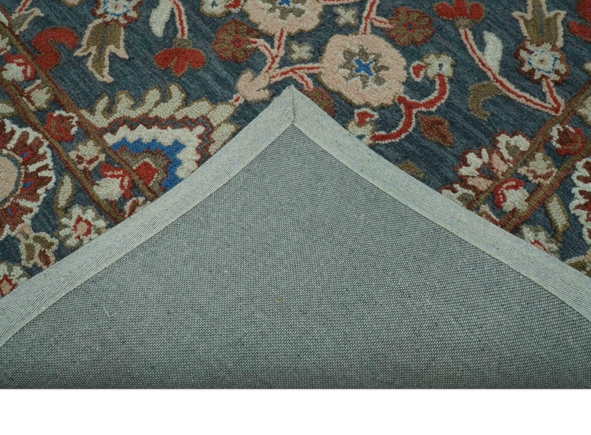 Custom Made Traditional Persian Design Silver, Blue And Rust Hand Tufted Wool Area Rug - Image 4