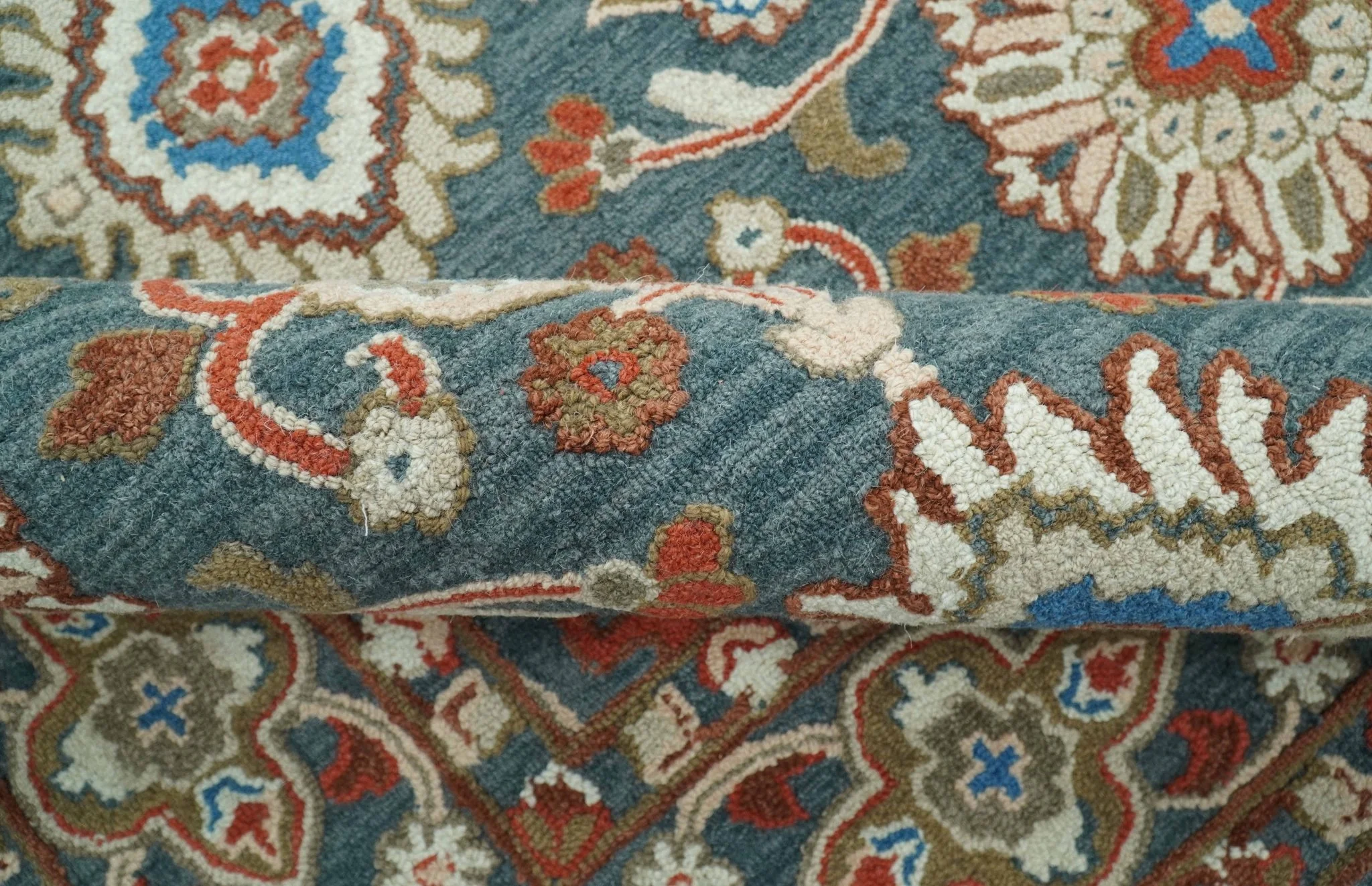 Custom Made Traditional Persian Design Silver, Blue And Rust Hand Tufted Wool Area Rug - Image 7