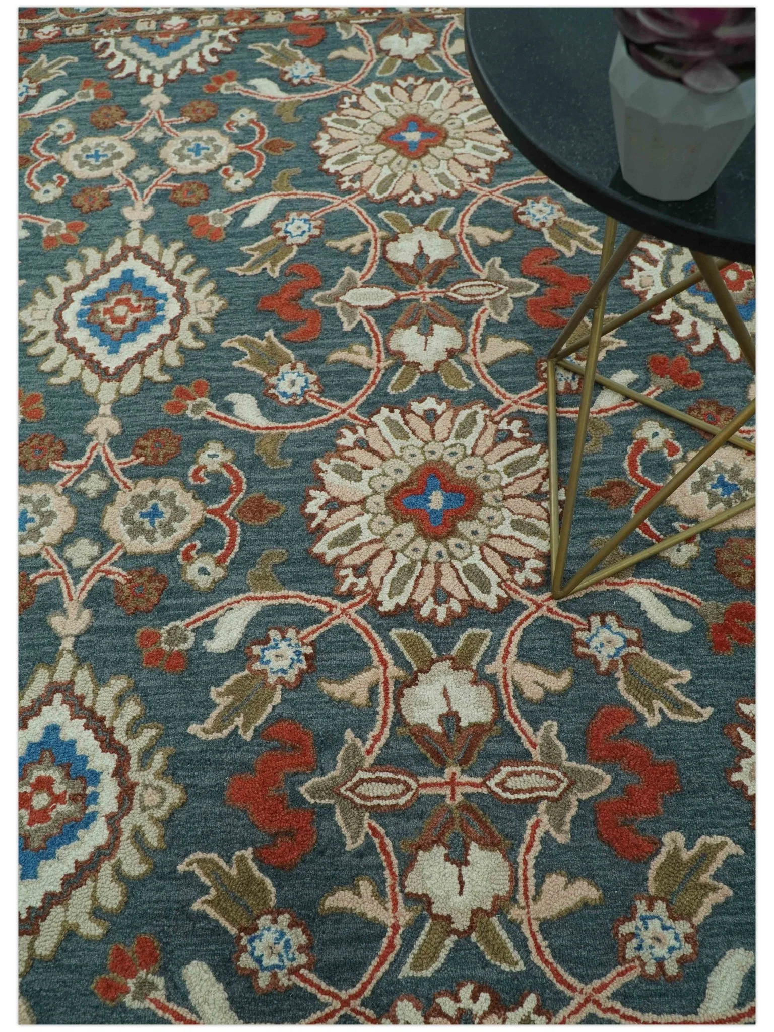 Custom Made Traditional Persian Design Silver, Blue And Rust Hand Tufted Wool Area Rug - Image 8