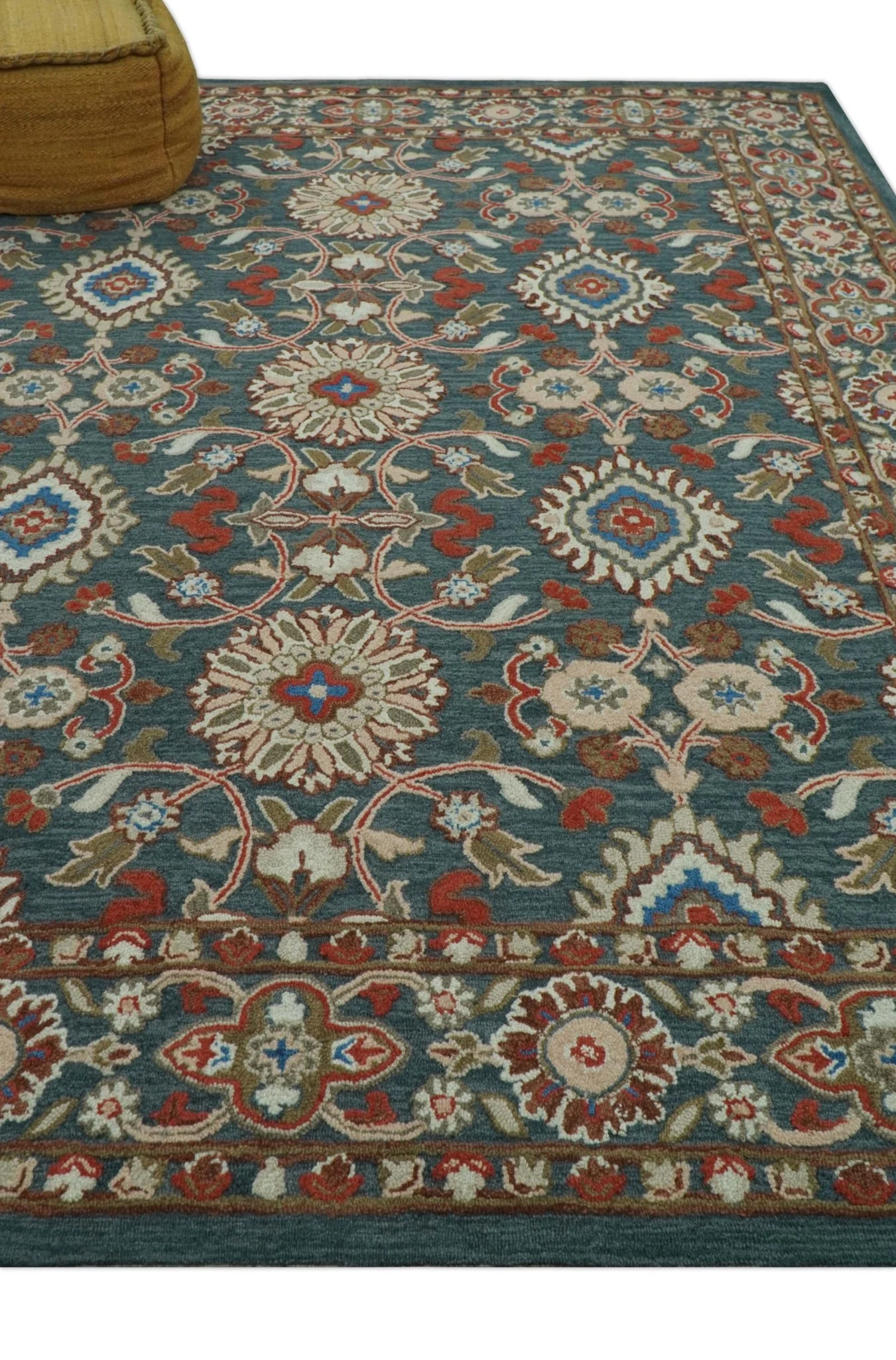 Custom Made Traditional Persian Design Silver, Blue And Rust Hand Tufted Wool Area Rug - Image 9