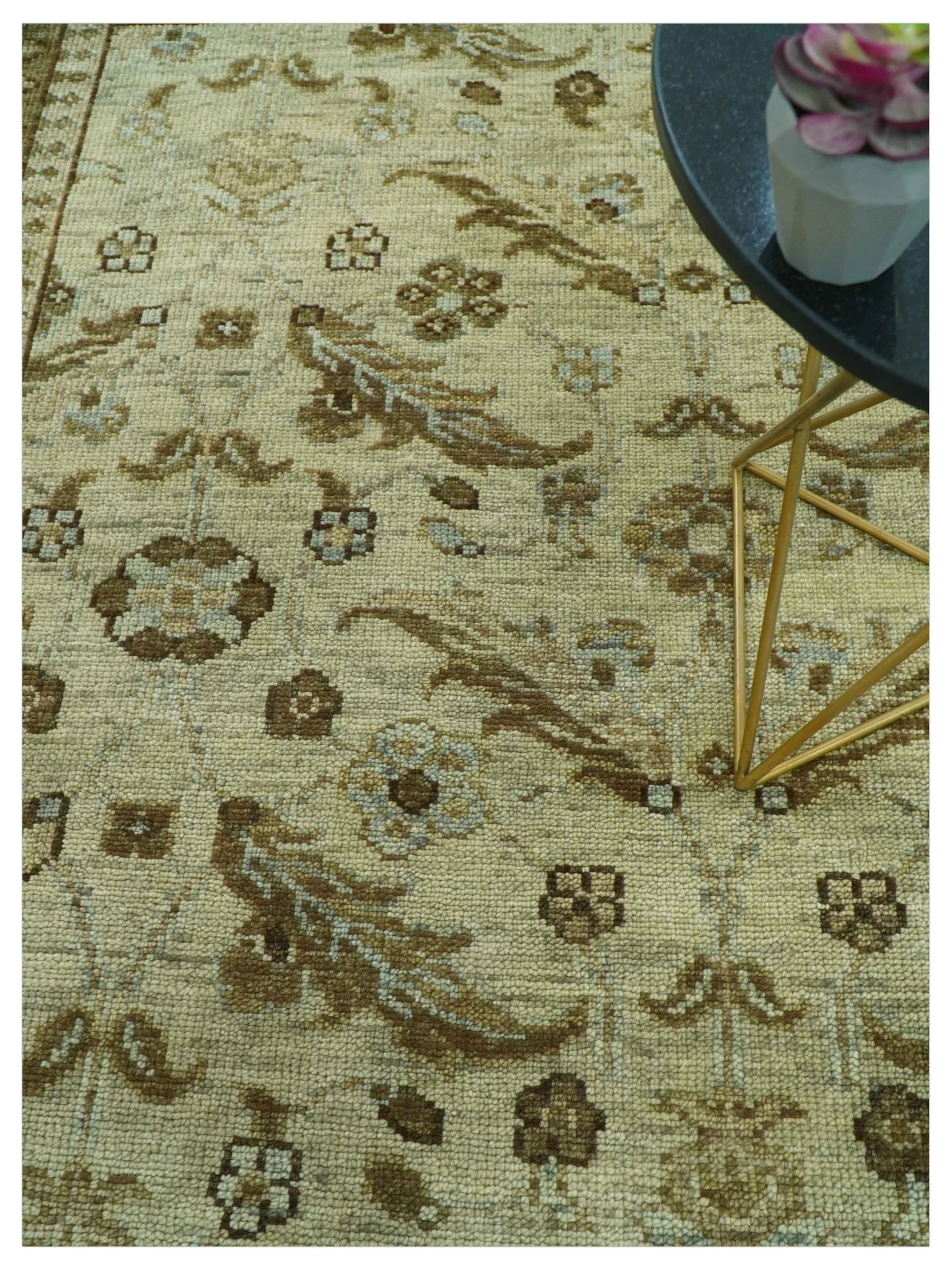 Custom Made Traditional Design Beige And Brown Hand Knotted wool area rug - Image 3