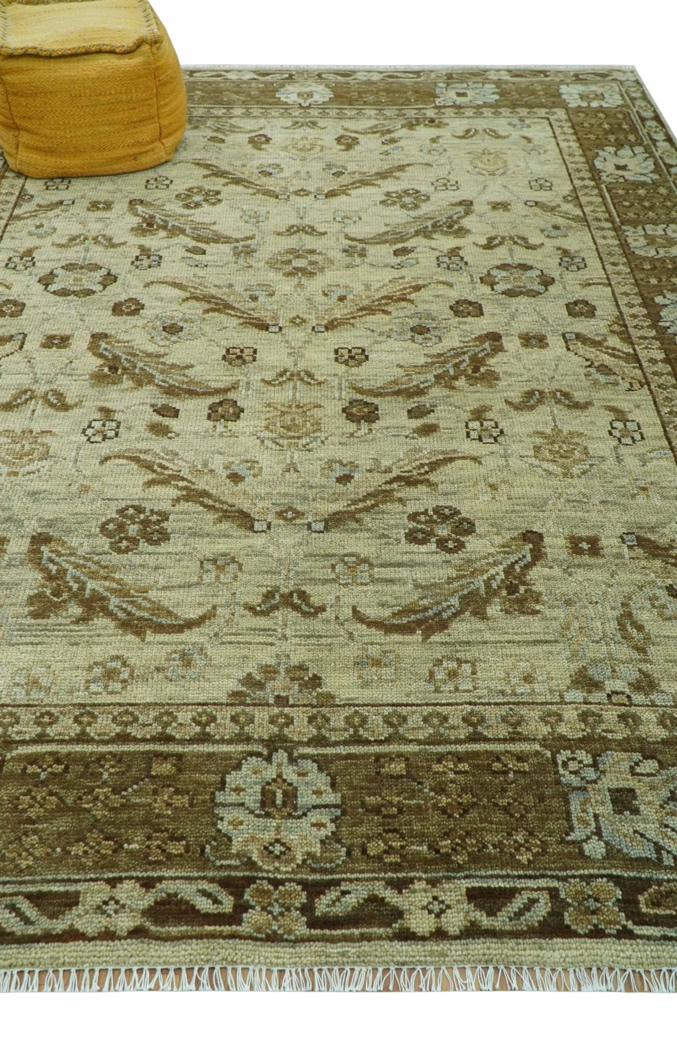 Custom Made Traditional Design Beige And Brown Hand Knotted wool area rug - Image 4