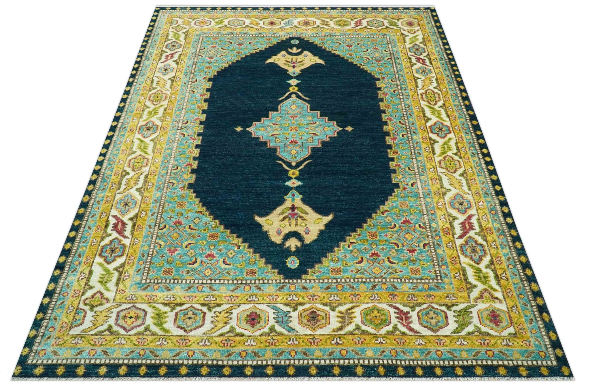 Custom Made Traditional Serapi Design Blue And Mustard Hand Knotted Wool Rug - Image 10