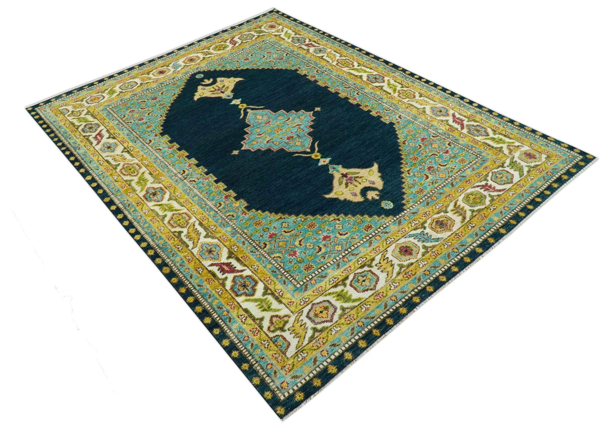 Custom Made Traditional Serapi Design Blue And Mustard Hand Knotted Wool Rug - Image 11