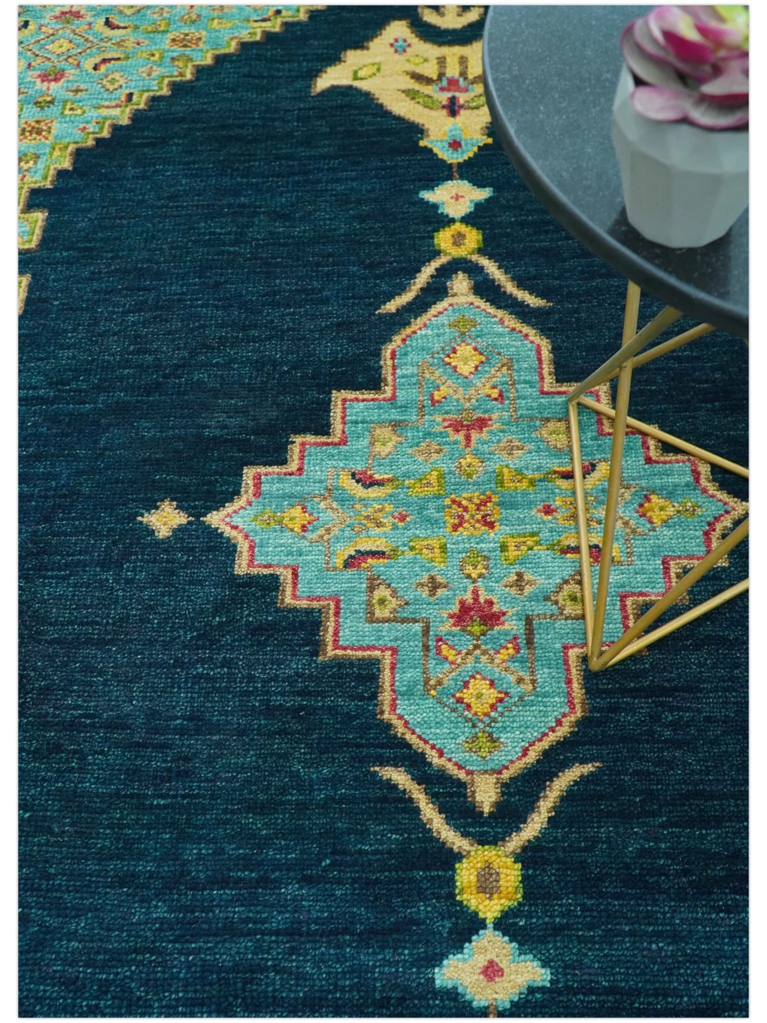 Custom Made Traditional Serapi Design Blue And Mustard Hand Knotted Wool Rug - Image 3