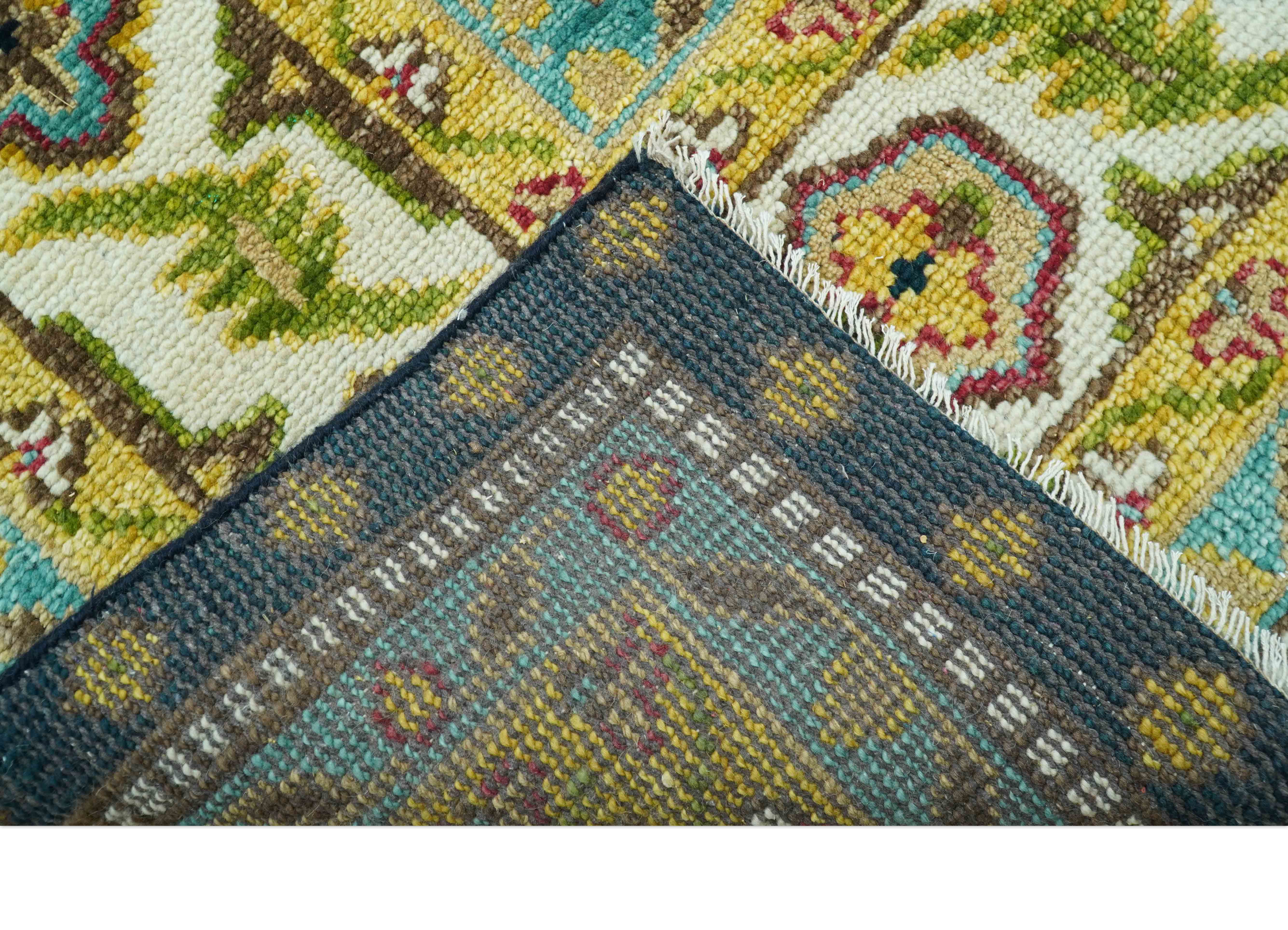 Custom Made Traditional Serapi Design Blue And Mustard Hand Knotted Wool Rug - Image 4