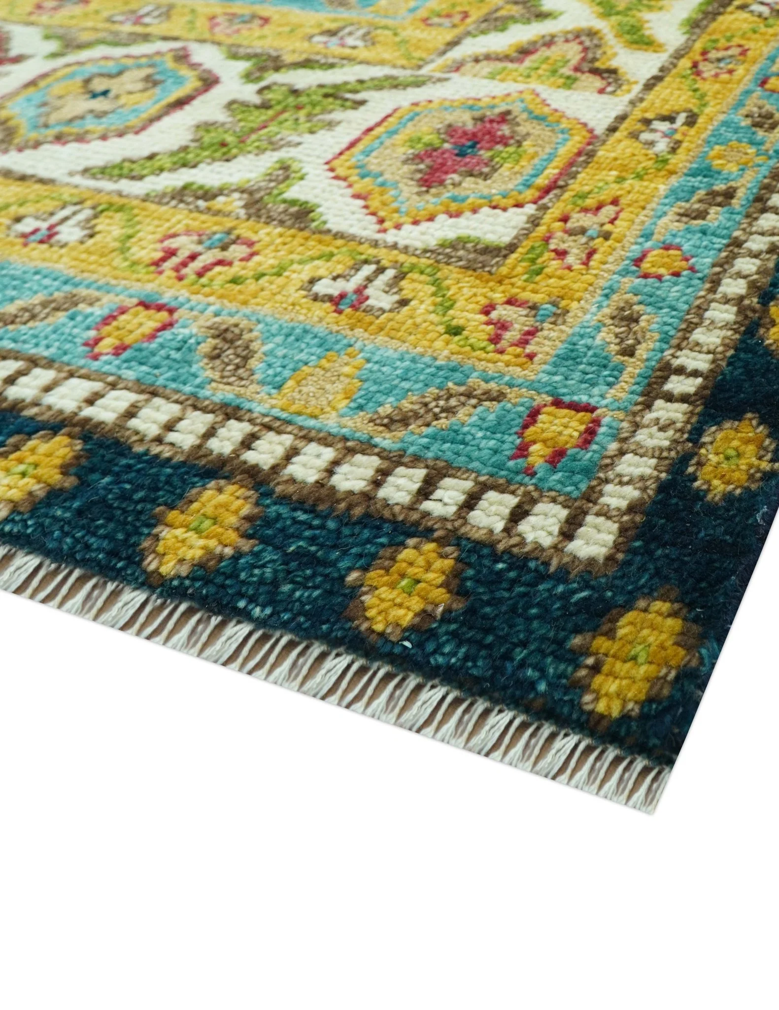 Custom Made Traditional Serapi Design Blue And Mustard Hand Knotted Wool Rug - Image 5