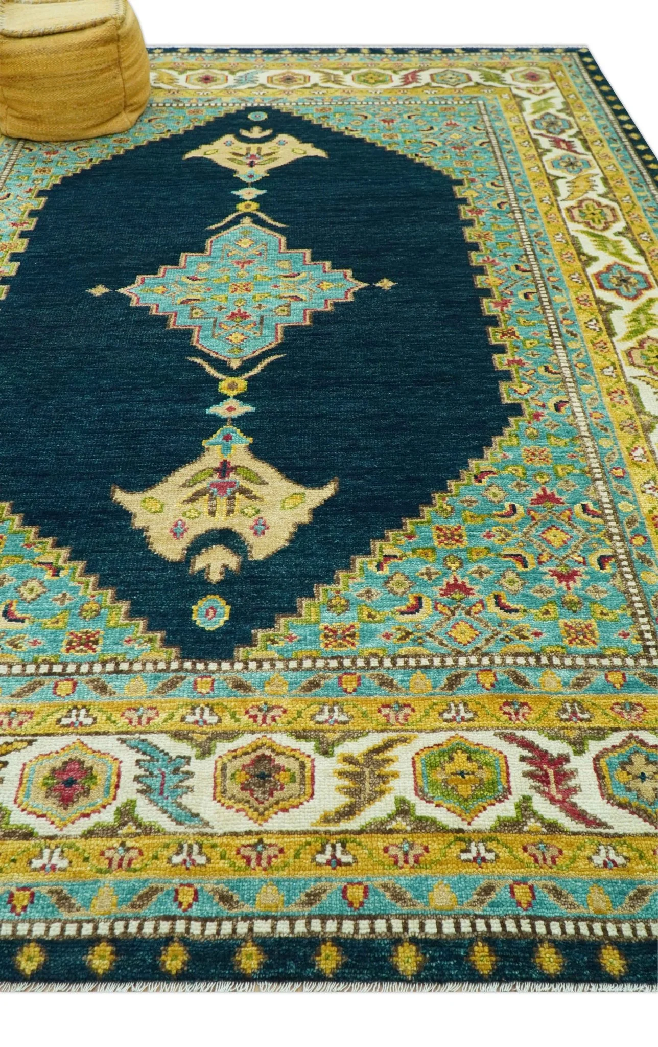 Custom Made Traditional Serapi Design Blue And Mustard Hand Knotted Wool Rug - Image 6