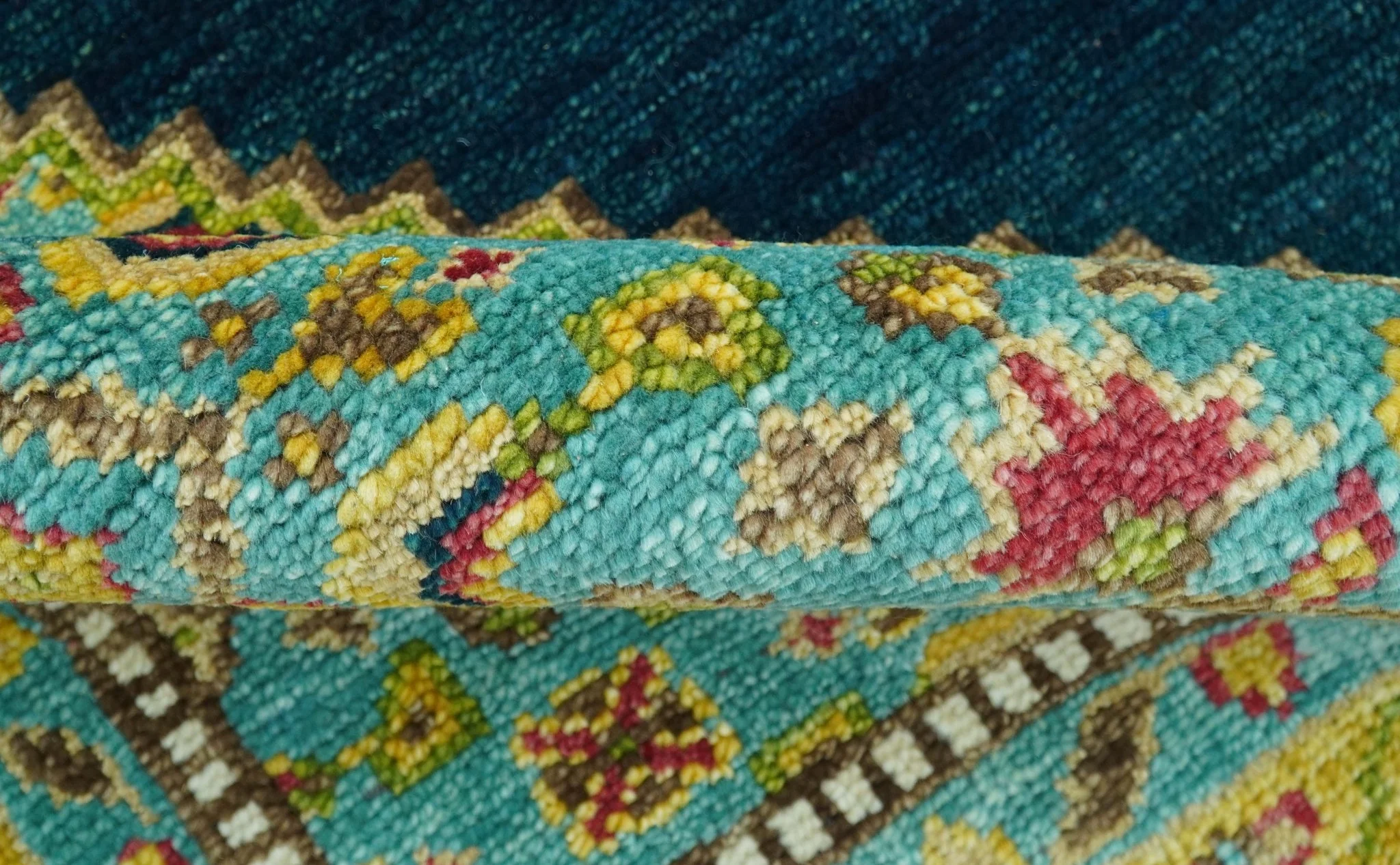 Custom Made Traditional Serapi Design Blue And Mustard Hand Knotted Wool Rug - Image 9
