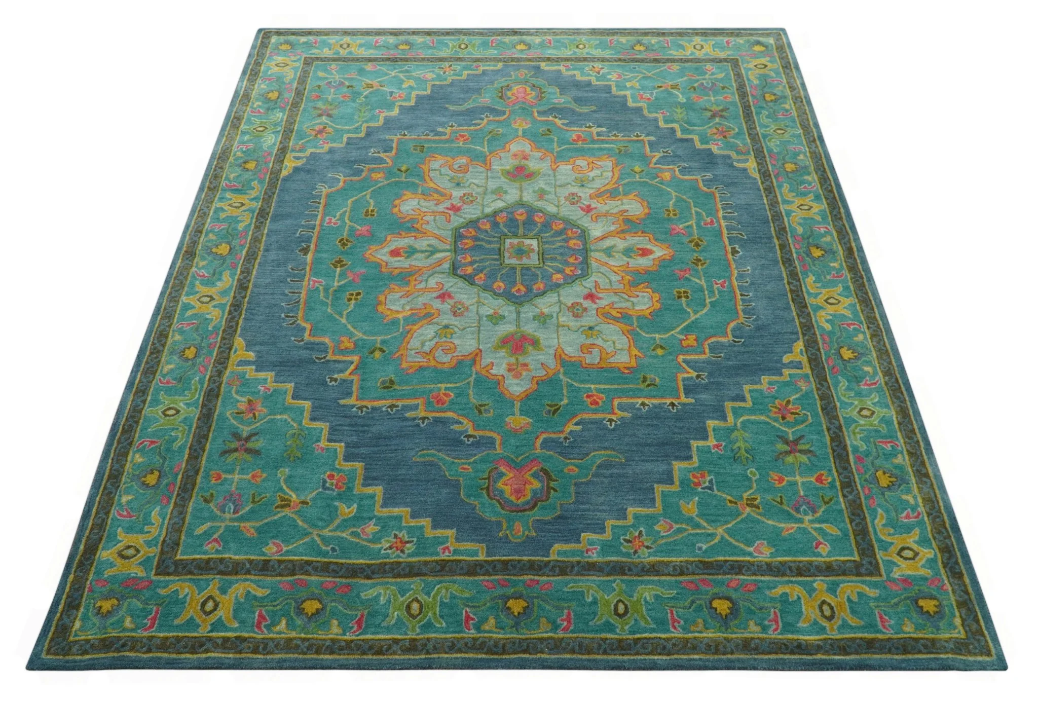 Custom Made Traditional Serapi Design Blue And Yellow Hand Tufted Wool Rug - Image 10