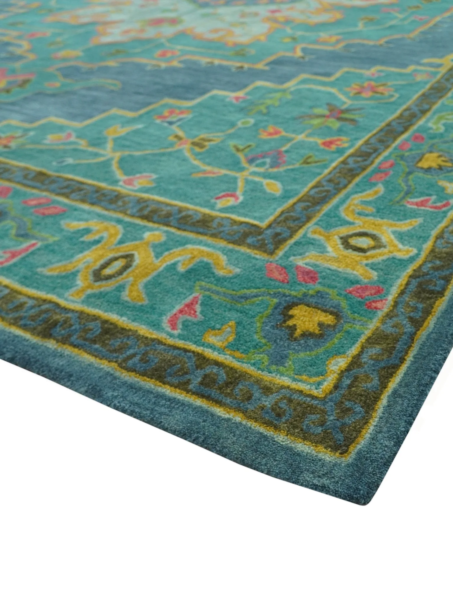 Custom Made Traditional Serapi Design Blue And Yellow Hand Tufted Wool Rug - Image 3