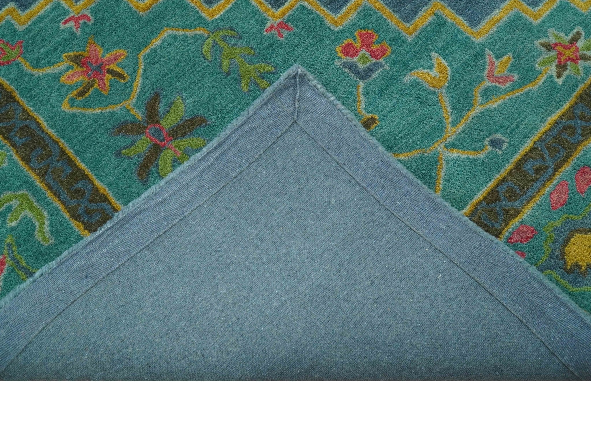 Custom Made Traditional Serapi Design Blue And Yellow Hand Tufted Wool Rug - Image 4