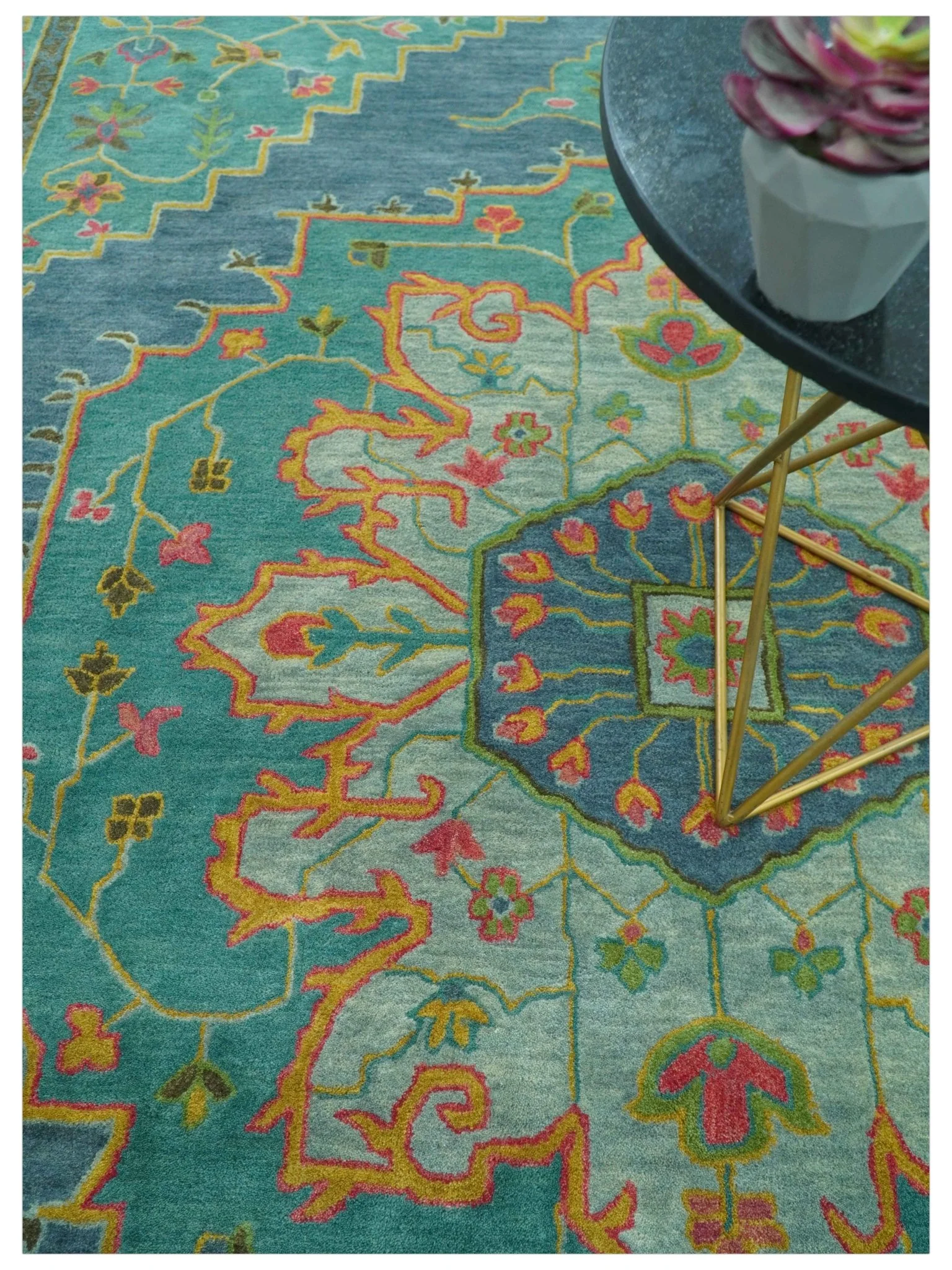 Custom Made Traditional Serapi Design Blue And Yellow Hand Tufted Wool Rug - Image 8