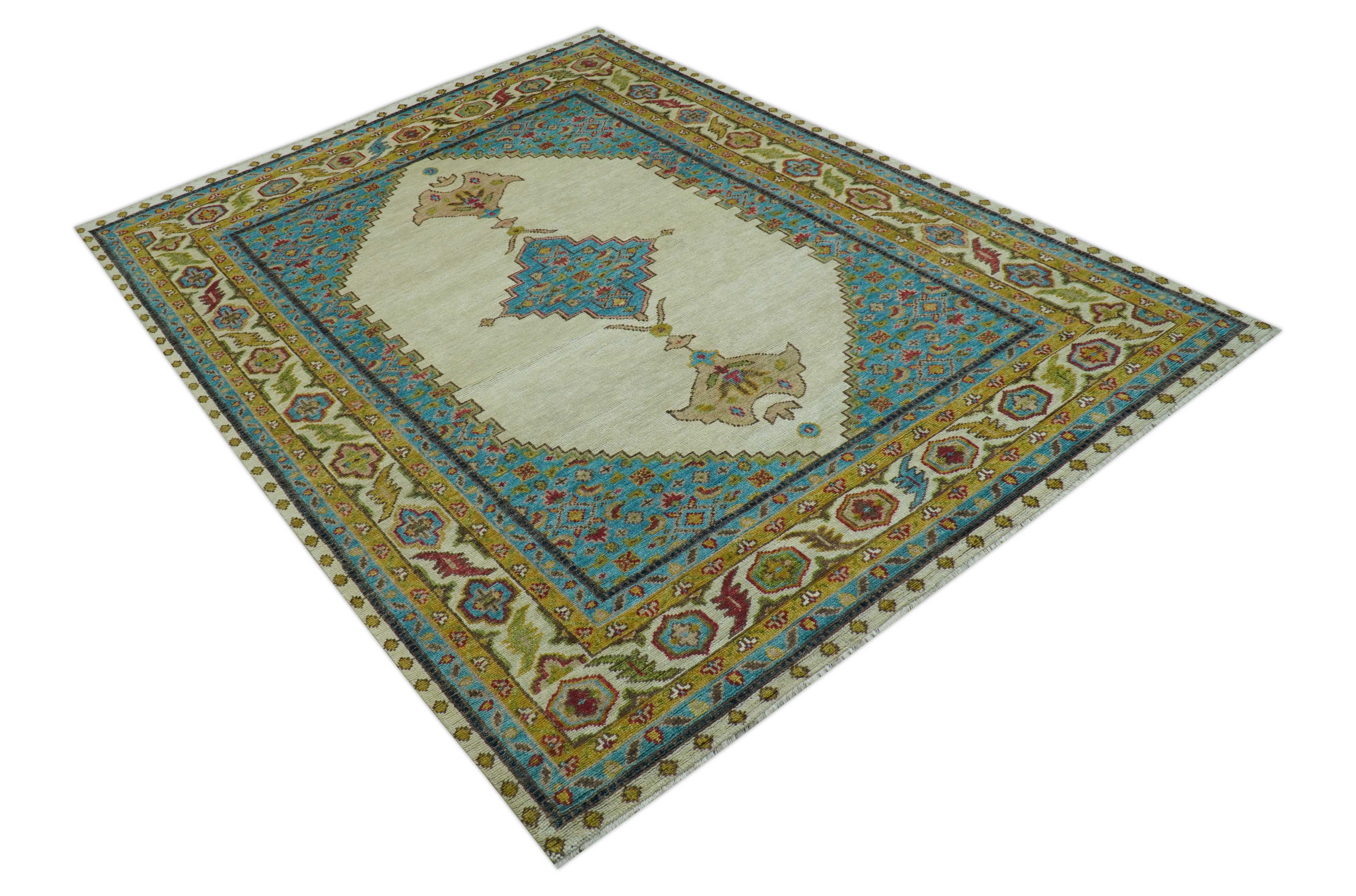 Custom Made Traditional Serapi Design Ivory And Blue Hand Knotted Wool Rug - Image 10