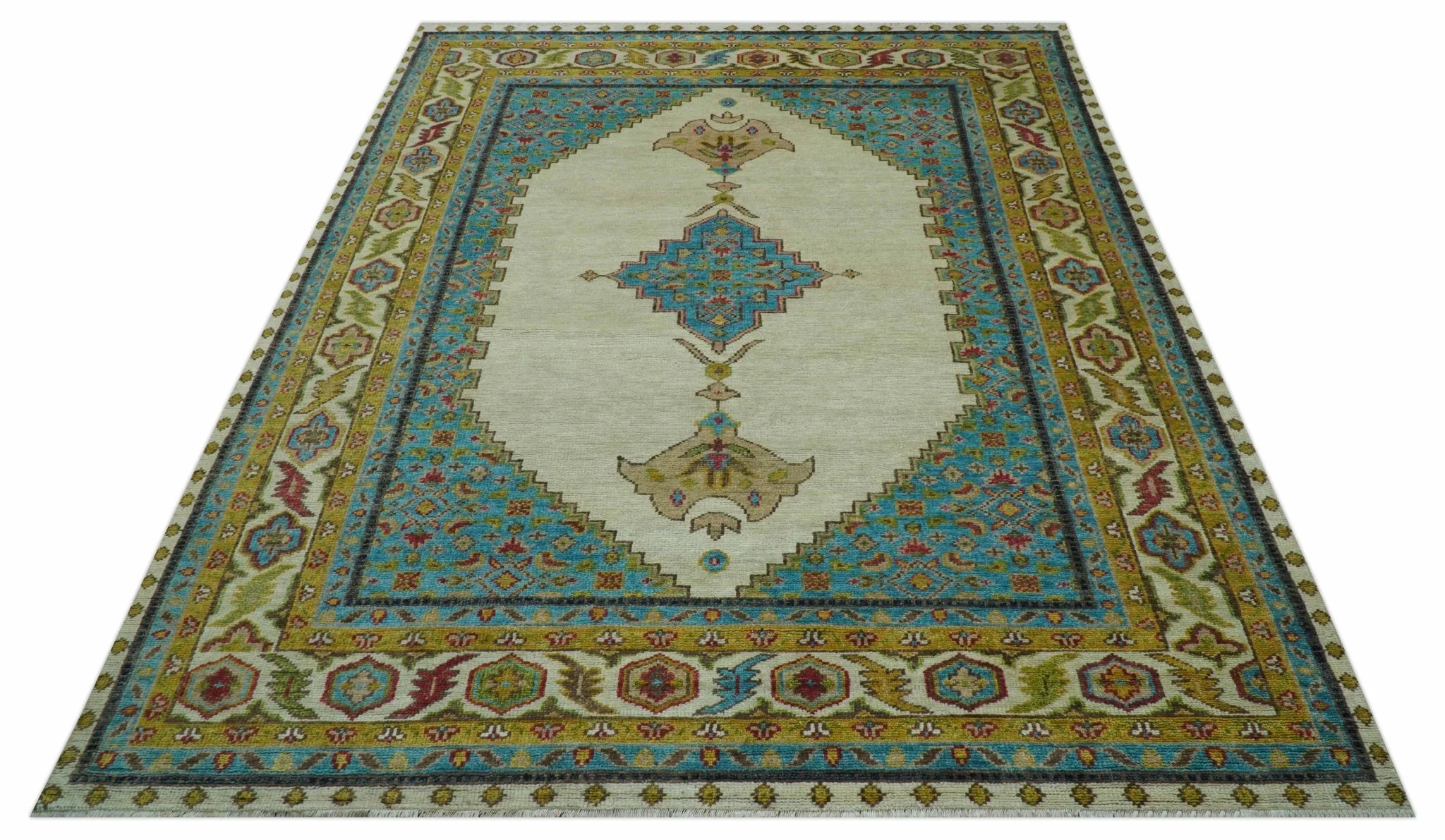 Custom Made Traditional Serapi Design Ivory And Blue Hand Knotted Wool Rug - Image 11