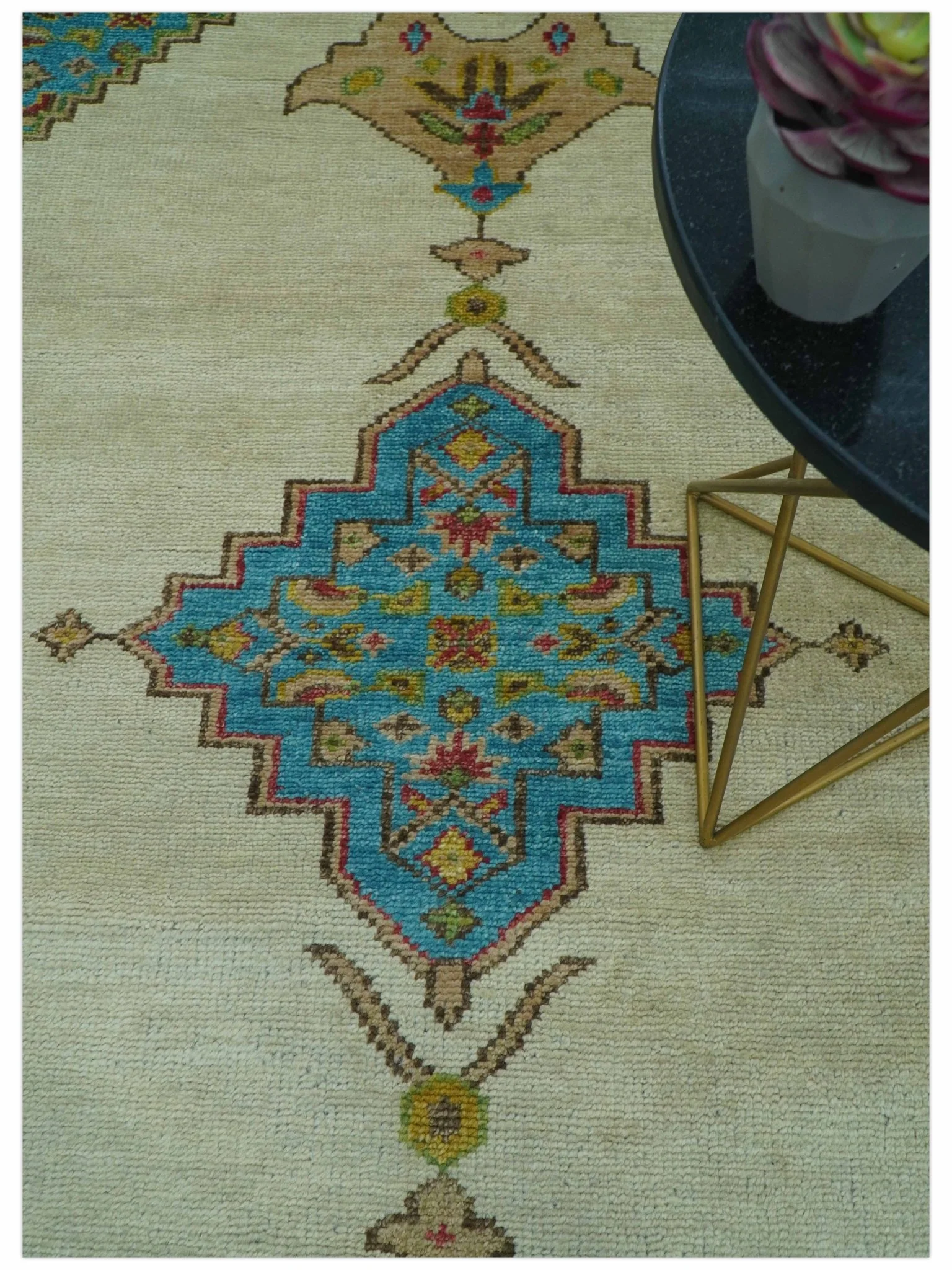 Custom Made Traditional Serapi Design Ivory And Blue Hand Knotted Wool Rug - Image 3