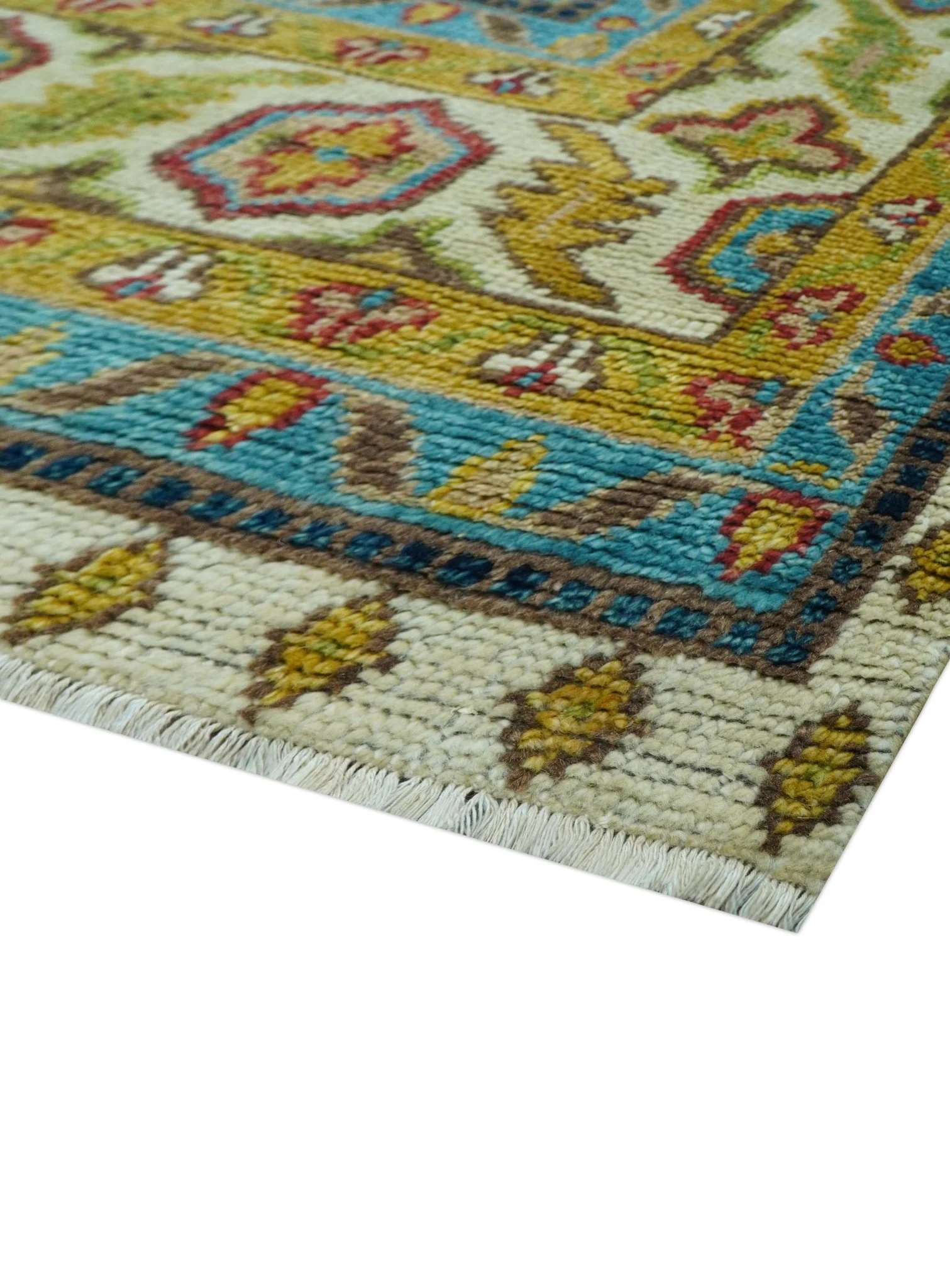 Custom Made Traditional Serapi Design Ivory And Blue Hand Knotted Wool Rug - Image 5
