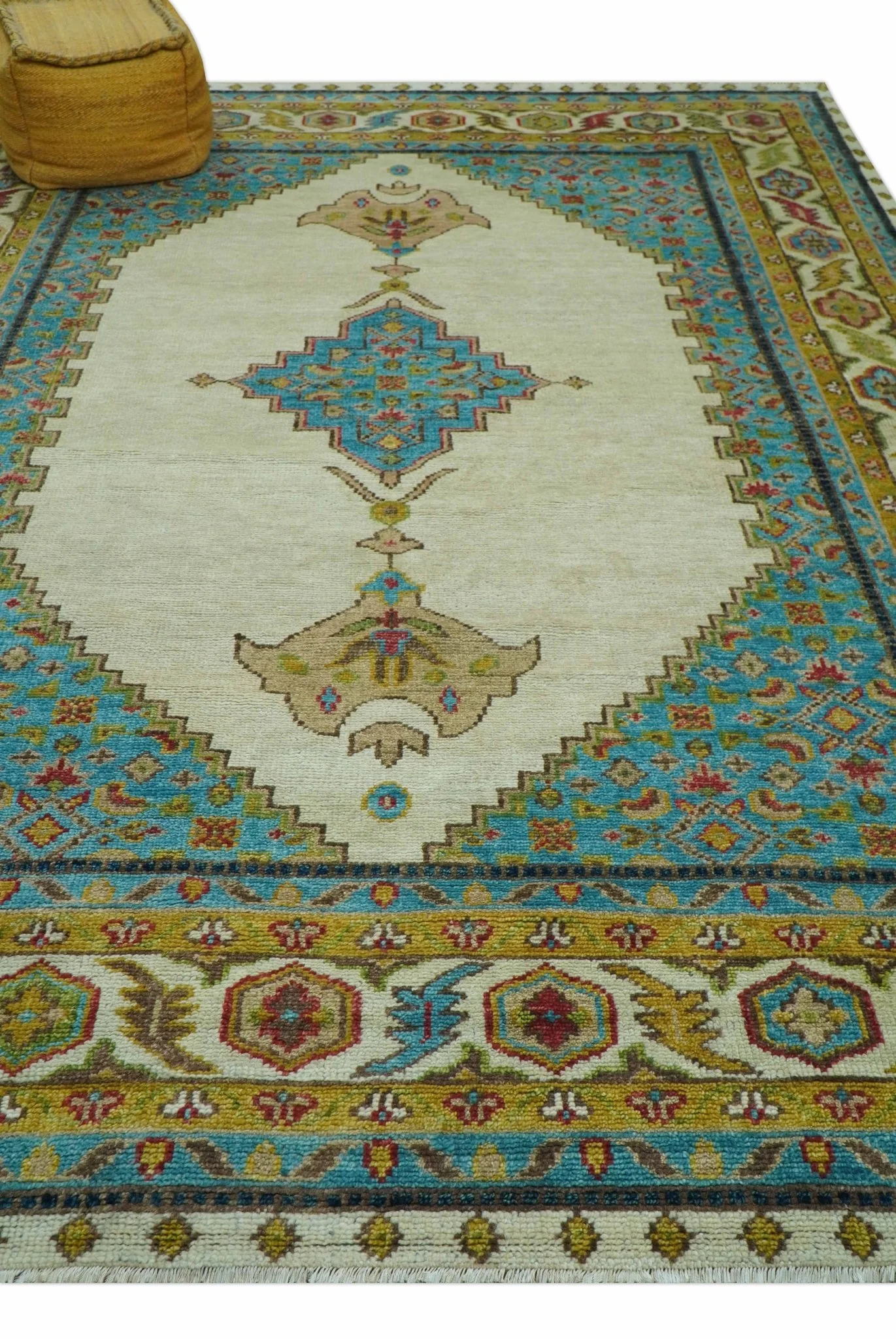 Custom Made Traditional Serapi Design Ivory And Blue Hand Knotted Wool Rug - Image 9