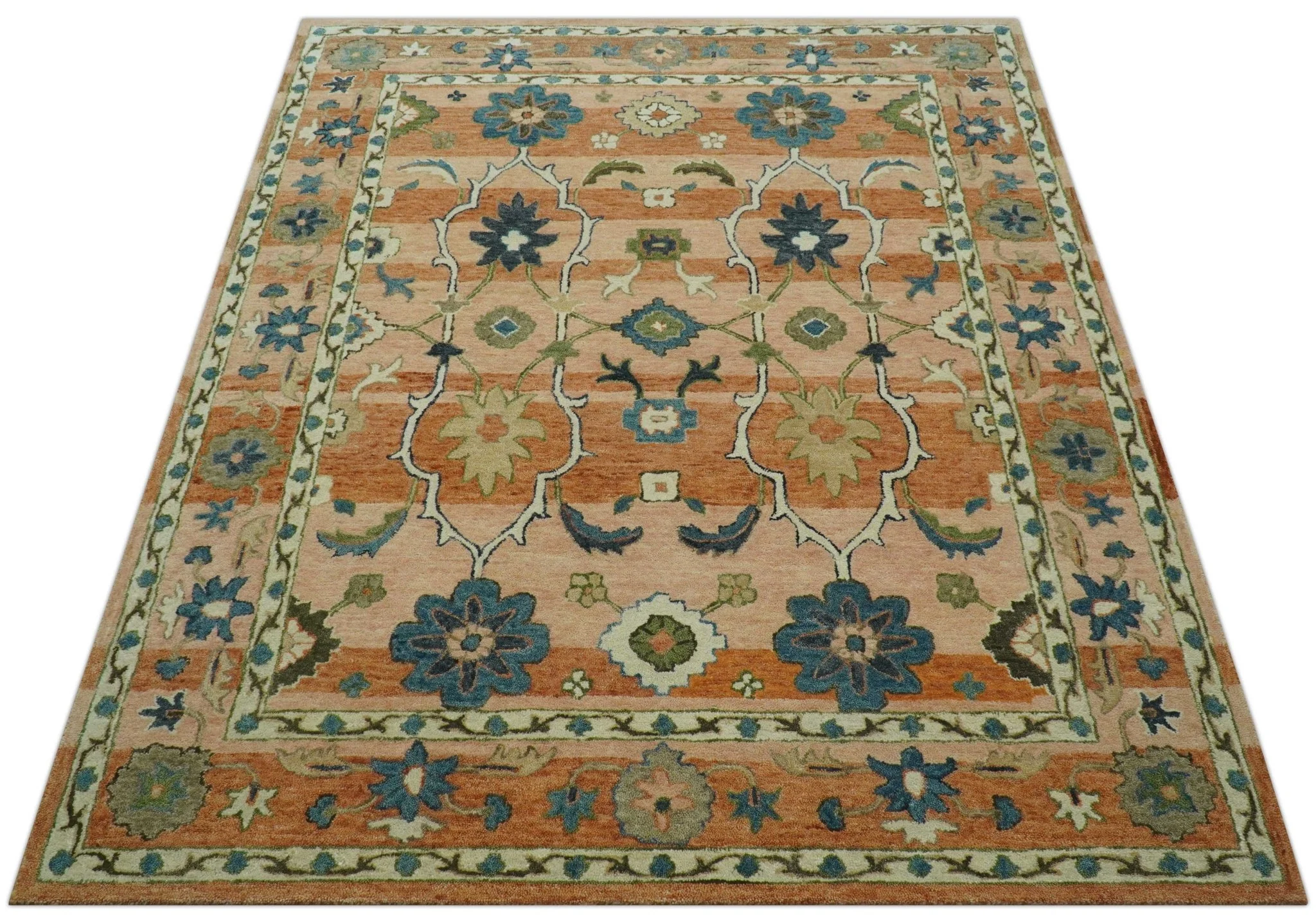 Custom Made Transitional Peach and Blue Hand Tufted Wool Area Rug - Image 10