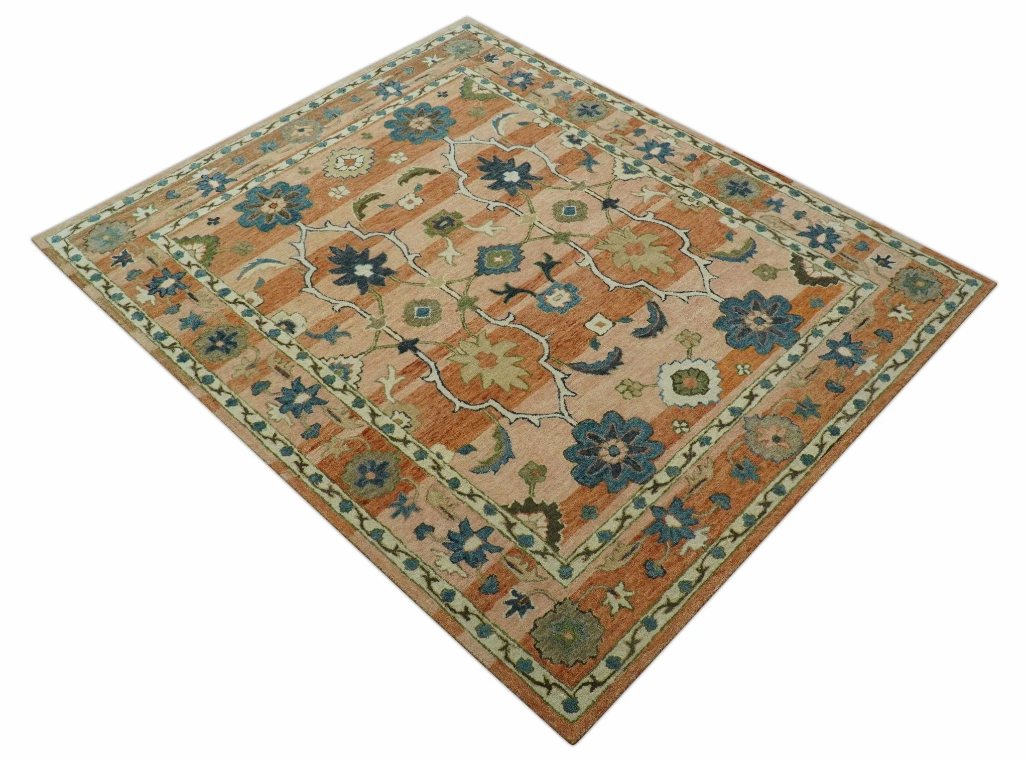 Custom Made Transitional Peach and Blue Hand Tufted Wool Area Rug - Image 11