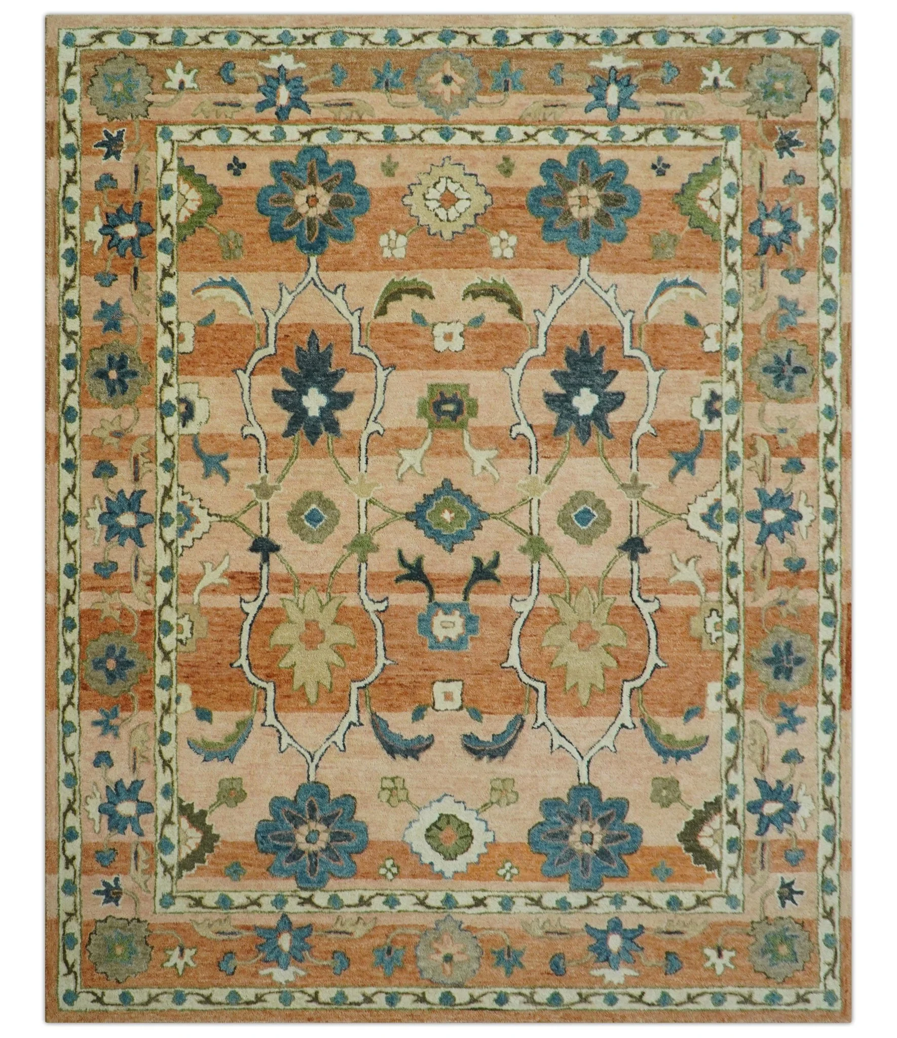 Custom Made Transitional Peach and Blue Hand Tufted Wool Area Rug - Image 2