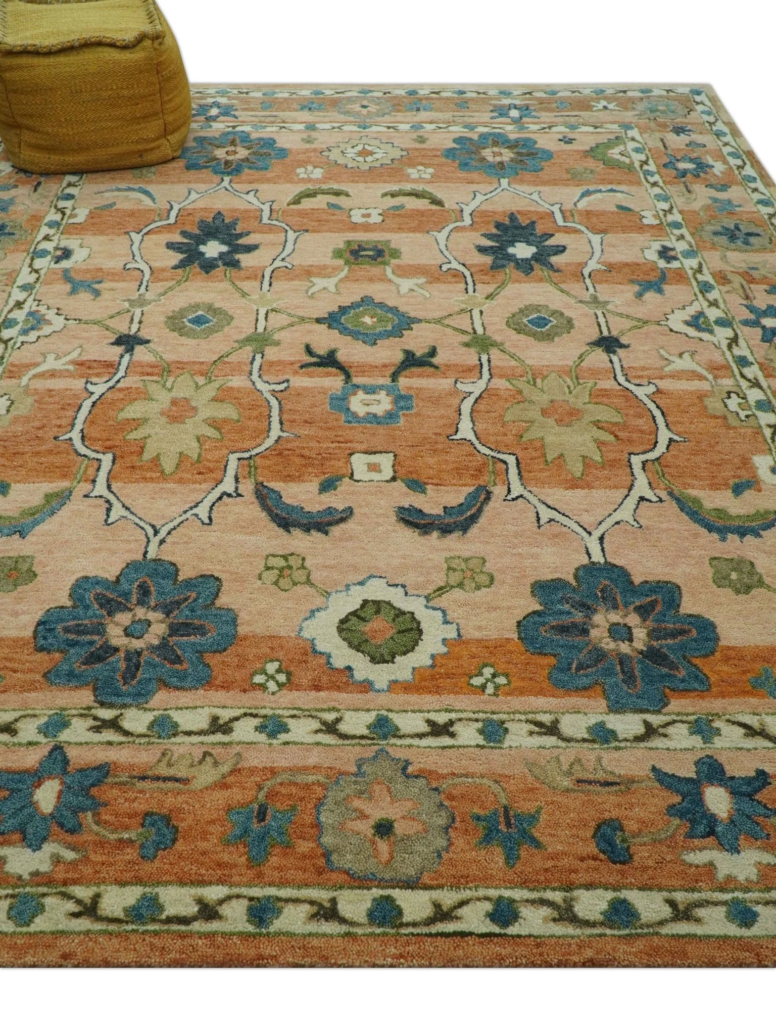 Custom Made Transitional Peach and Blue Hand Tufted Wool Area Rug - Image 3