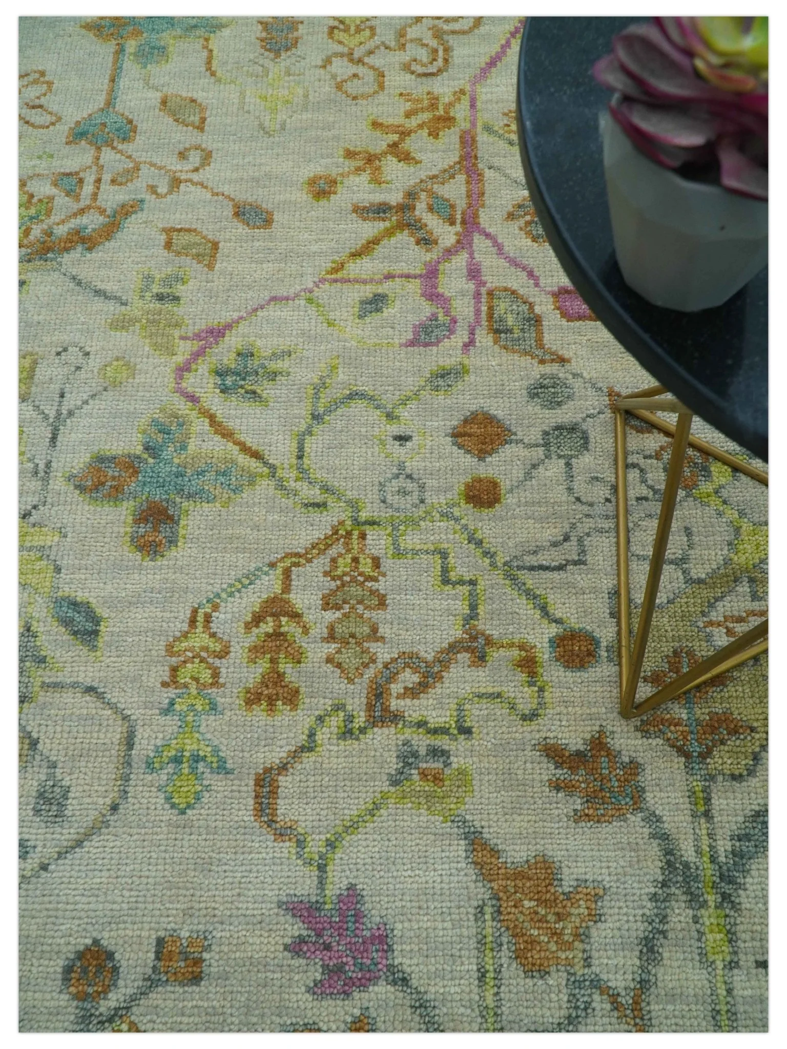 The Plants and Roots Ivory and Pink Hand Knotted Traditional Custom Made Wool Rug - Image 10